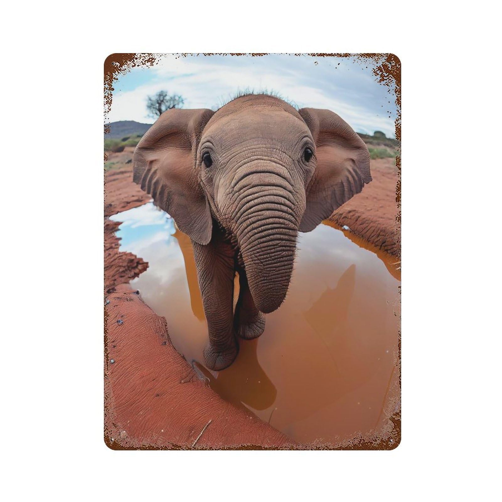 Selfie of A Young Elephant Rust Effect Tin Sign 15.7"x11.8", Industrial Home Decor for Bistro, Counter And Cafe Decor