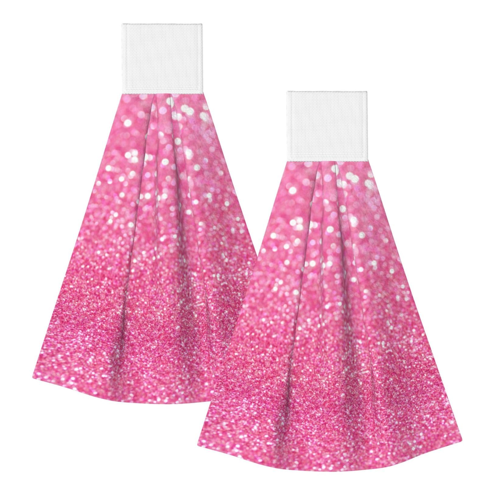 DOPKLNA Sparkling Pink Glitter Printed, 2 Pcs Hanging Coral Fiber Hand Towels for Bathroom, Absorbent Kitchen Towels