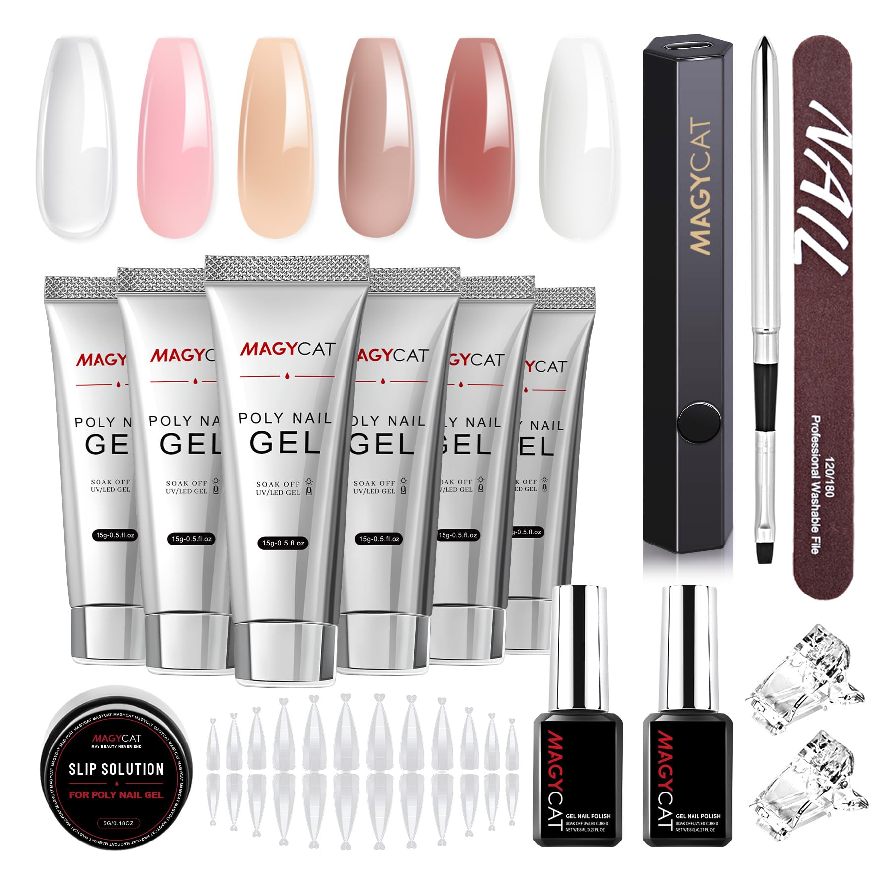 MAGYCATPoly Nail Gel Kit 6 Colours 15 g Poly Extension Gel Builder Gel Nail Kit with Mini Nail Lamp Poly Brush Nail Forms Dual Forms All-in-One Kit Gift