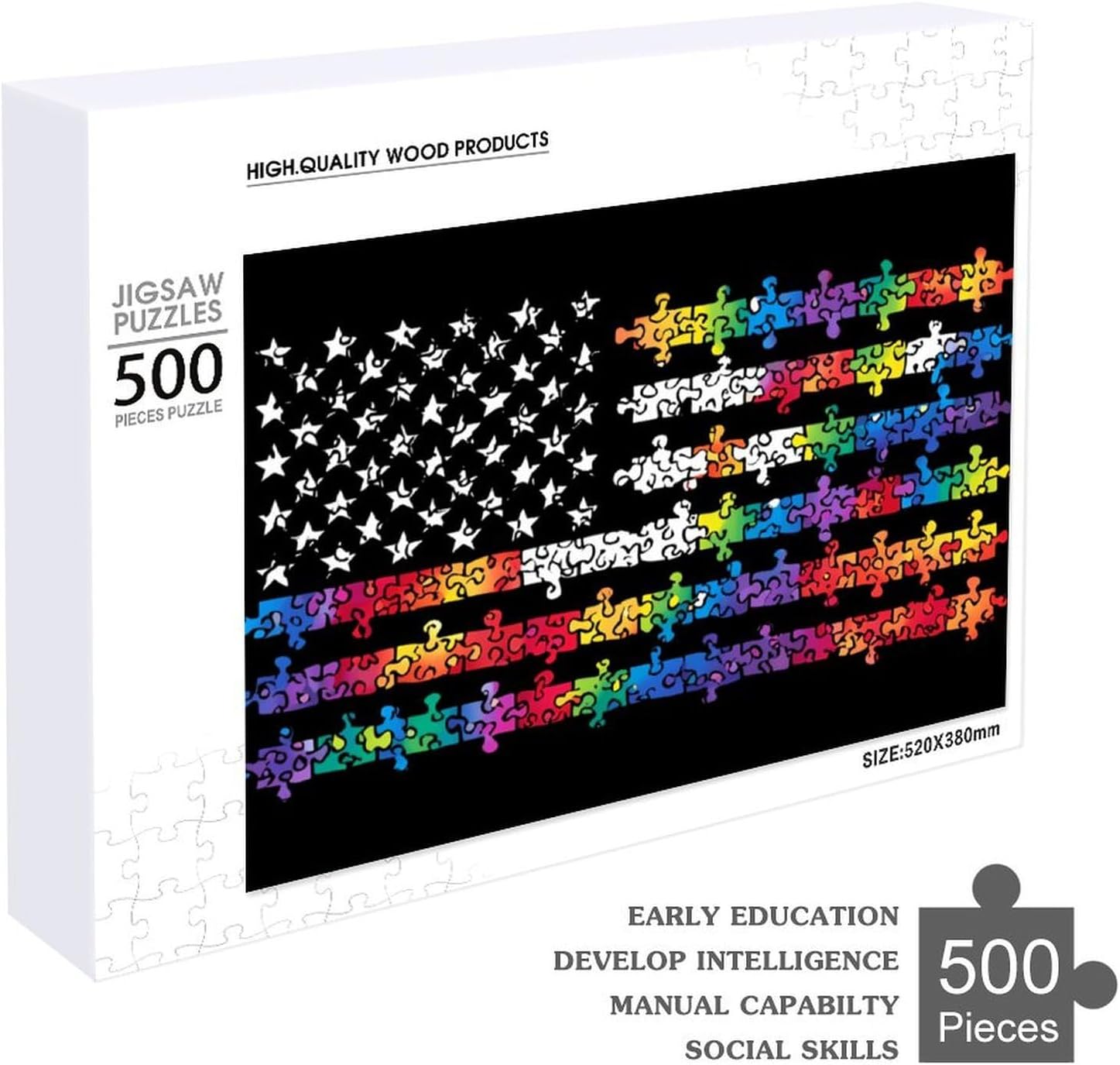 Autism Awareness Puzzle US Flag Puzzles for Adults 500 PCS Wooden Jigsaw Puzzle Wall Decor Christmas