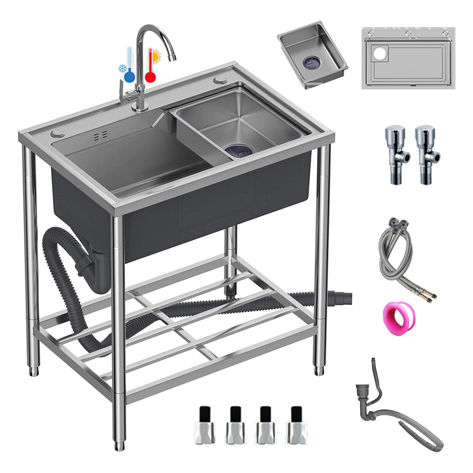 Lavello Mobile Portatile autoportante in Acciaio Inox per Esterni, Set da Giardino con ripiano portaoggetti, Vasca per bucato e Rubinetto per Acqua Calda e Fredda, Ideale per giard