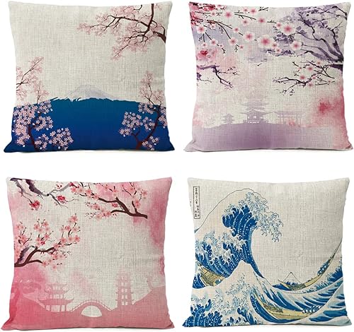 Juego de 4 fundas de almohada japonesas de 16 x 16 pulgadas, diseño de flores rojas con estampado de flores rojas, diseño de árbol del océano,