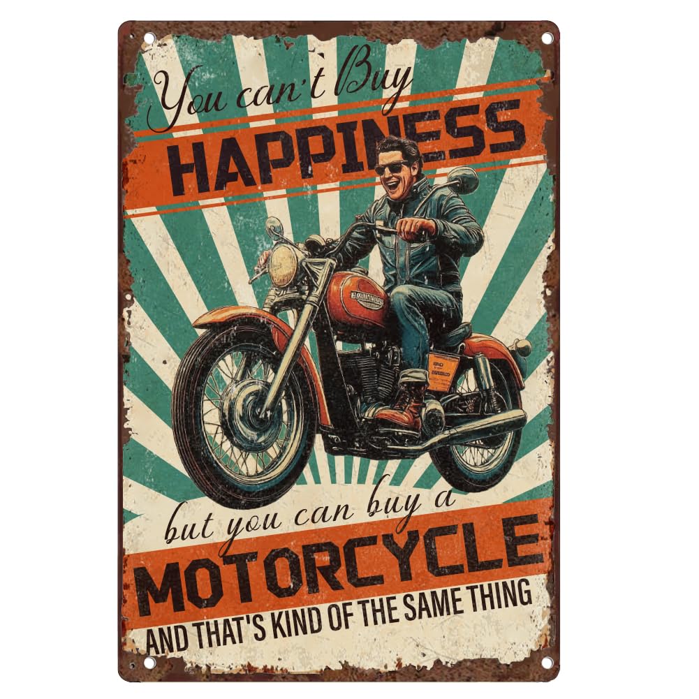 DOODLREAM Man Riding Motorcycle Garage Metal Tin Sign You Can't Buy Happiness But You Can Buy a Motorcycle Retro Tin Art Poster for Home Man Cave Wall Decor
