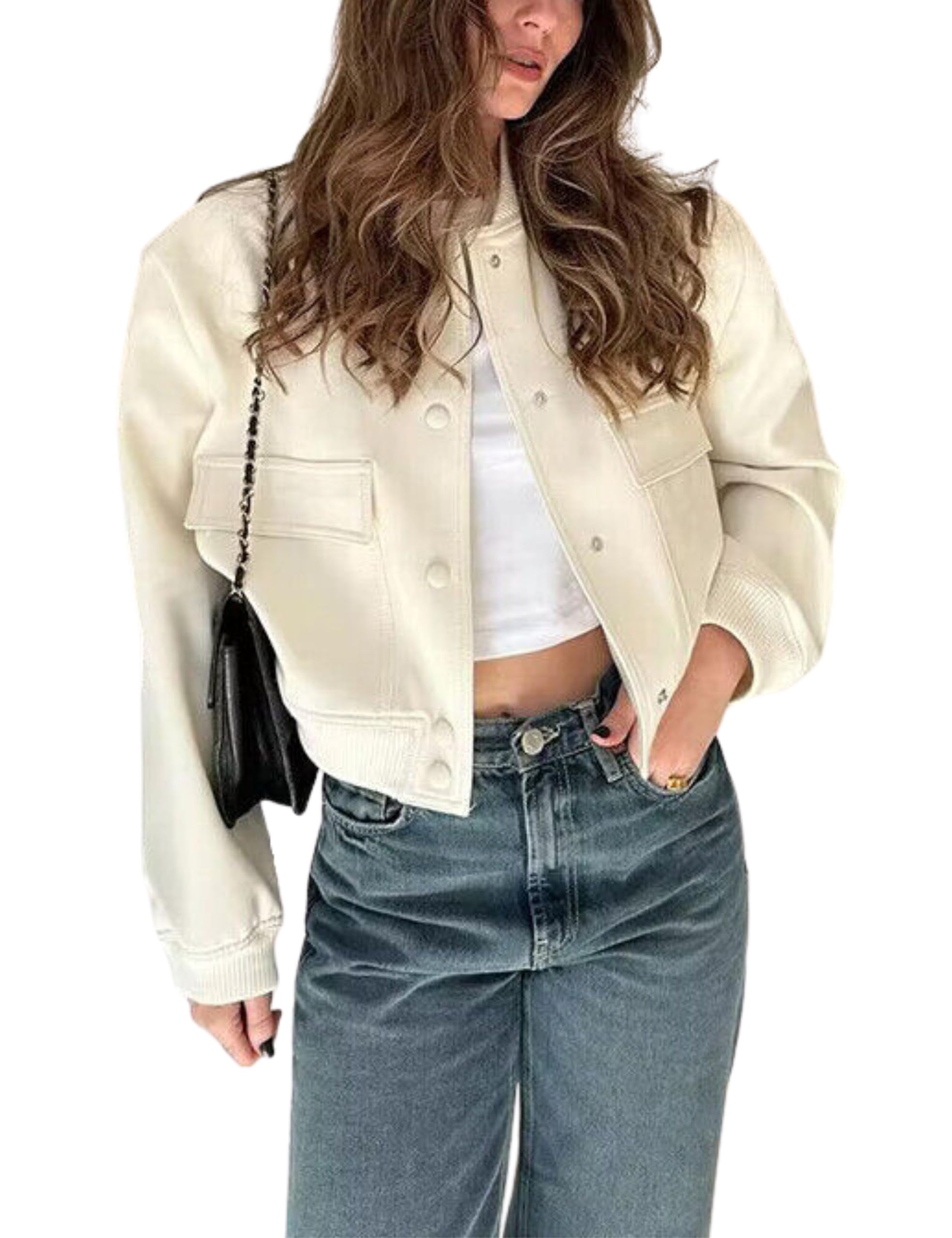 Aedceal Women's Cropped Bomber Jacket Button Down Stand Collar Varsity Coats Outerwears with Pockets
