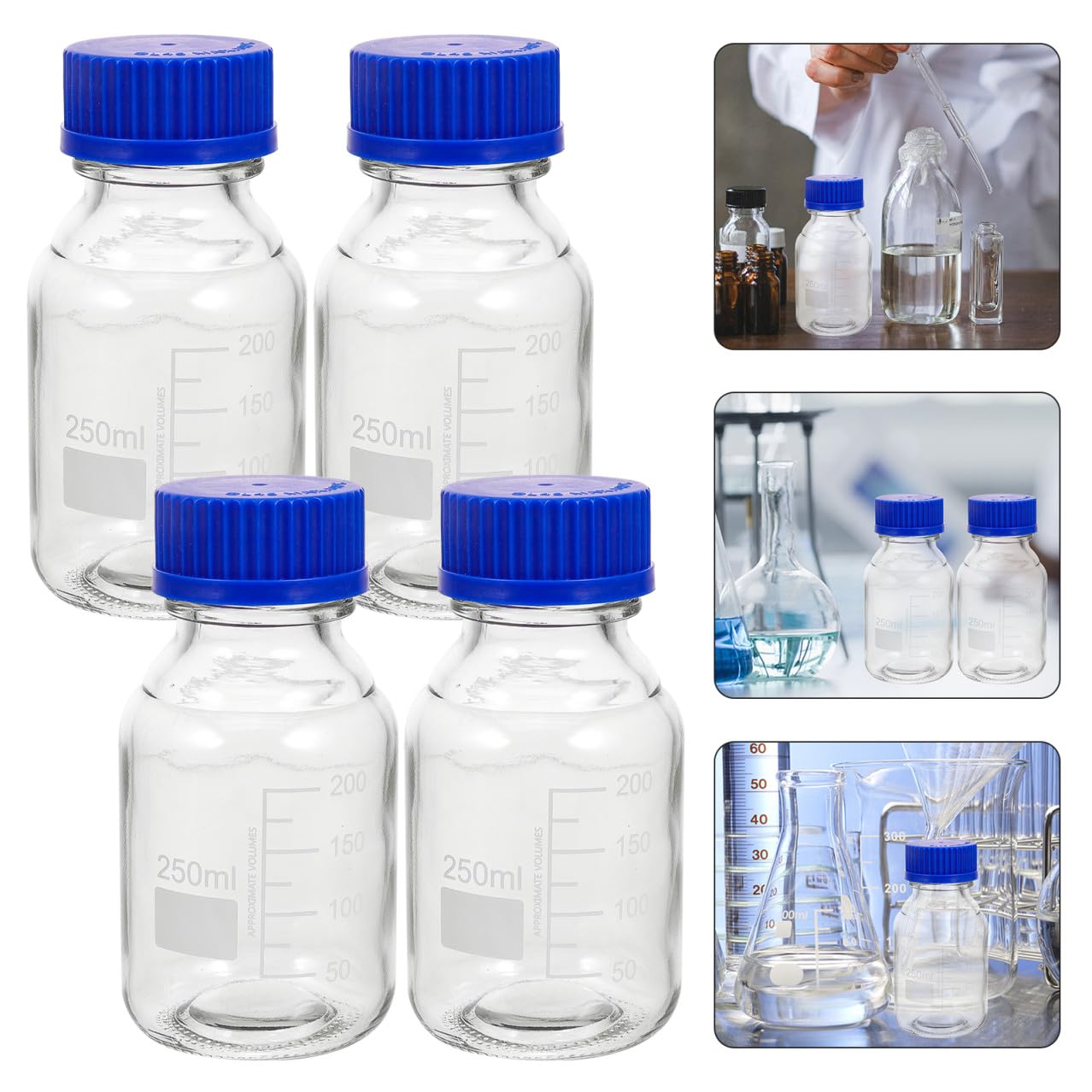 Alipis Bottiglie di Reagente Riutilizzabili e Lavabili in Vetro da 250ml con Tappo a Vite Blu Confezione da 4 Pezzi per Applicazioni di Laboratorio e Istituti Chimici