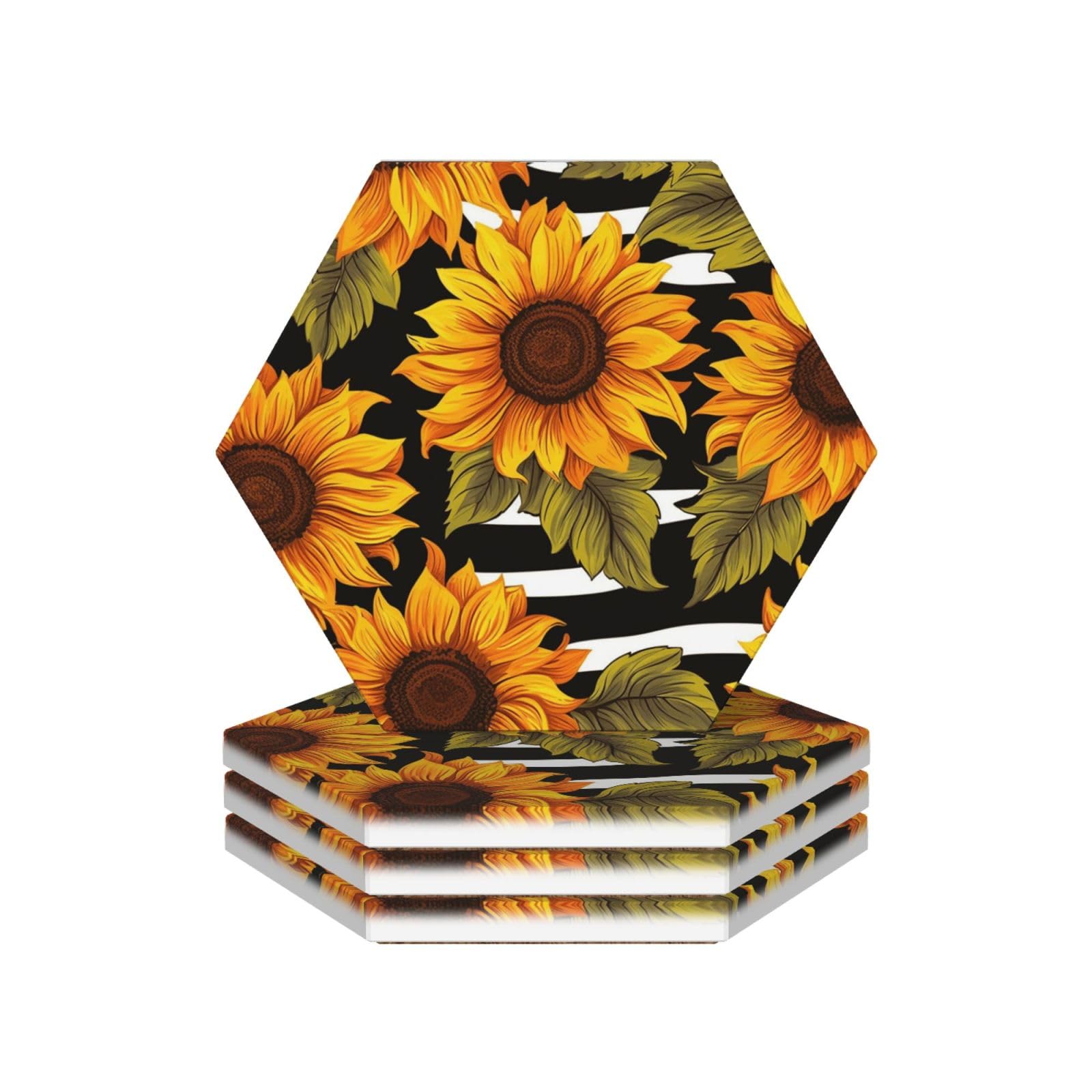 Drink Coasters 4Pcs Round CeramicCoaster with Holder Sunflowers Coasters for Drinks Coffee Cup Mat Heat Resistant Coaster for Tabletop Protection Desk Accessories Office Home Decor