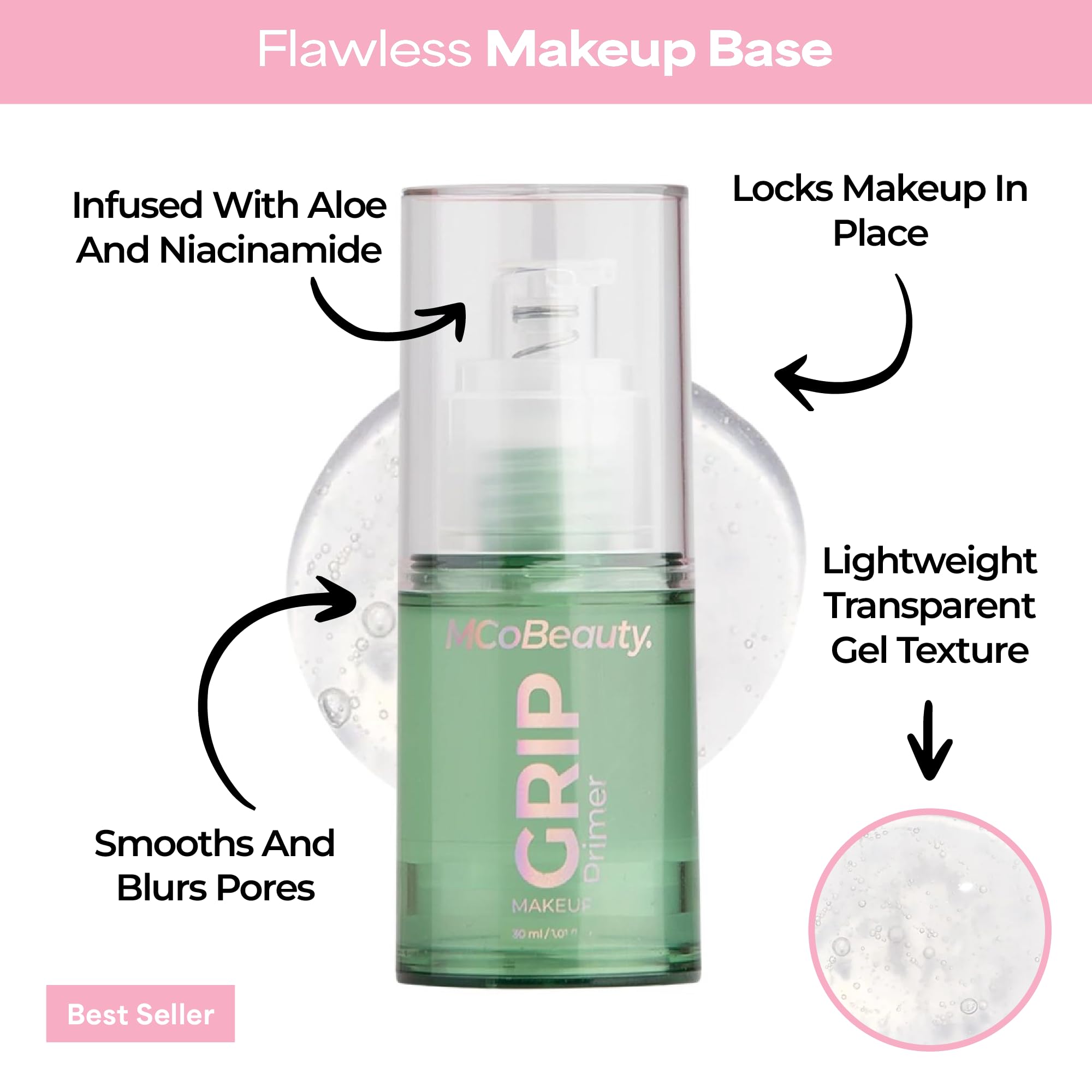 MCoBeauty - Grip Primer - Primer de maquillaje ligero Grippy Hold - Base de gel hidratante con ingredientes hidratantes - Aloe Vera, niacinamida y vitamina E - Prepara la piel para un maquillaje