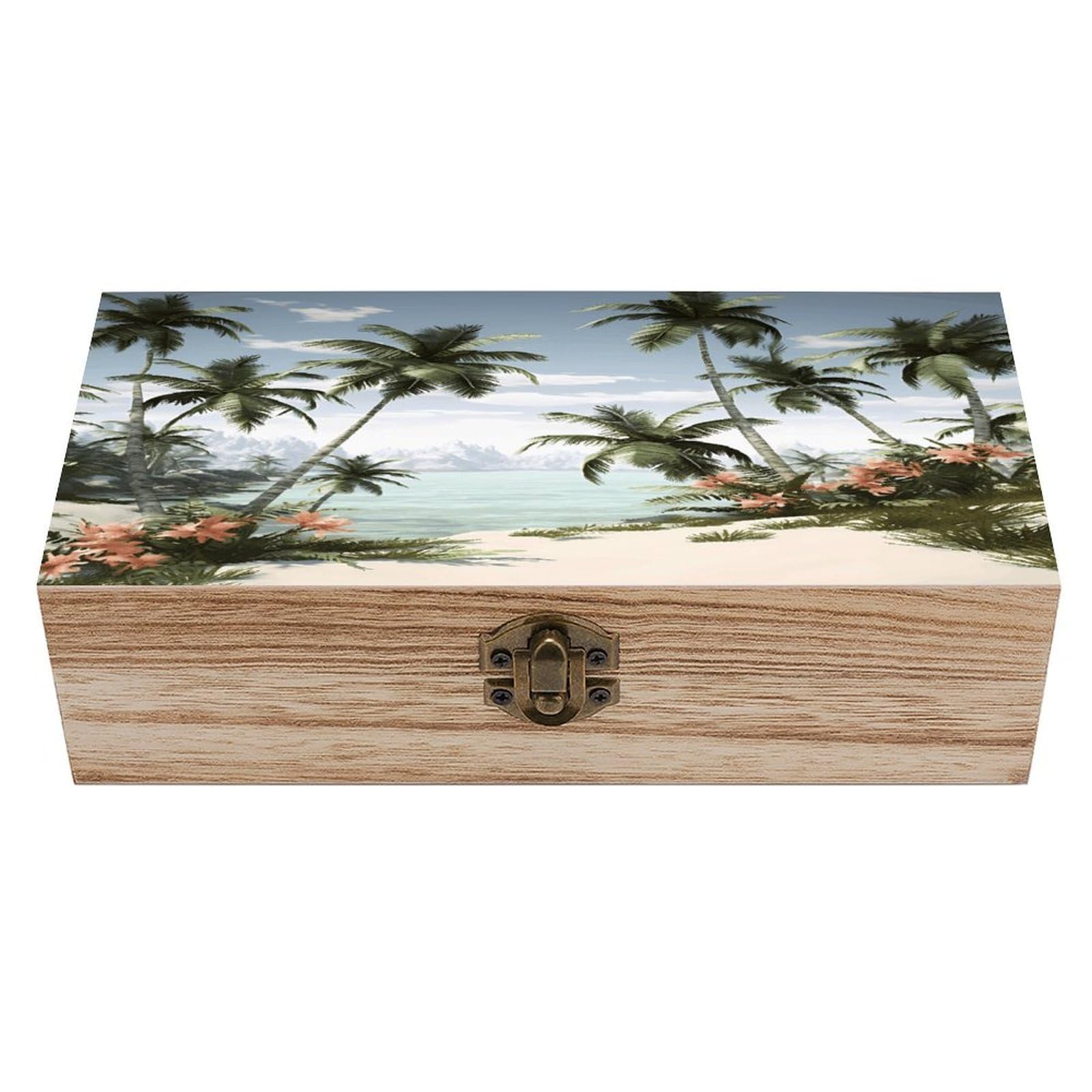 VstaDank Tropical Palm Trees Wooden Storage Box Wooden Keepsake Box with Hinged Lid Exquisite Solid Wood Decorative Jewelry Case Memory Box for Jewelry Photos Letters Crafts Trinkets