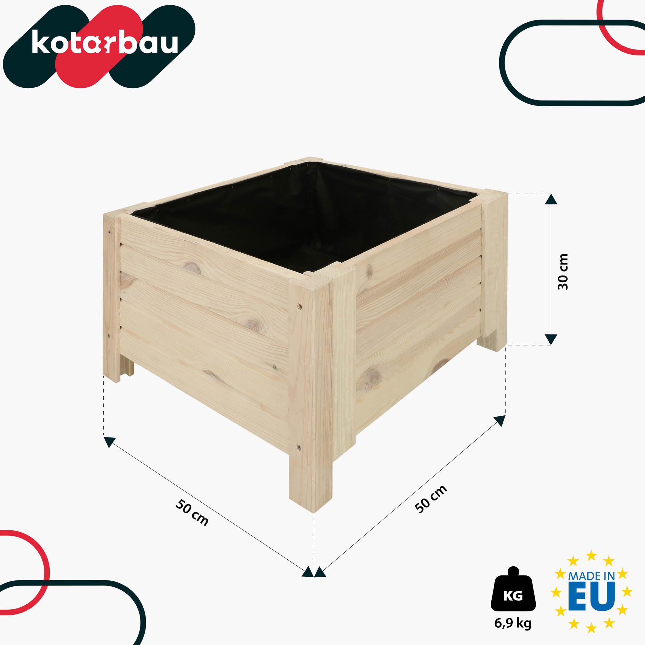 KOTARBAU® Fioriera da Esterno - in Legno di Pino - 50 x 50 x 30 cm - Bianco - Vasi Rettangolari da Esterno - Rialzata - con Tessuto Antierba - Fioriera da Balcone