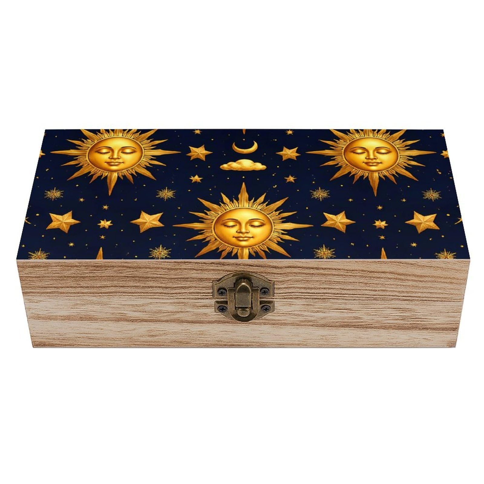 SMAZDFXX Sun Moon Boho Astrology Wooden Storage Box With Hinged Lid Decorative Front Clasp Keepsake Boxes