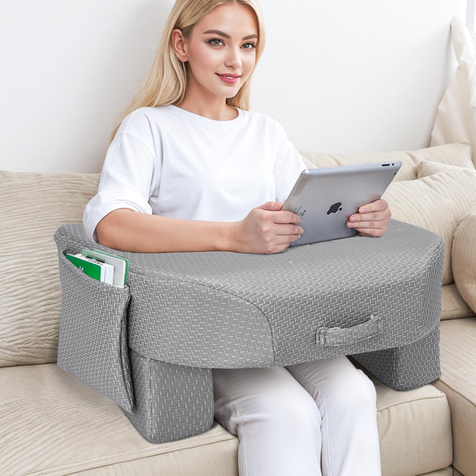 Babenest Reading Pillow for Lap, Armrest Gaming Pillows for Working & Crocheting, Hight Adjustable Lap Desk Pillows for Adult Sitting in Bed Sofa Floor (Checkered Gray)