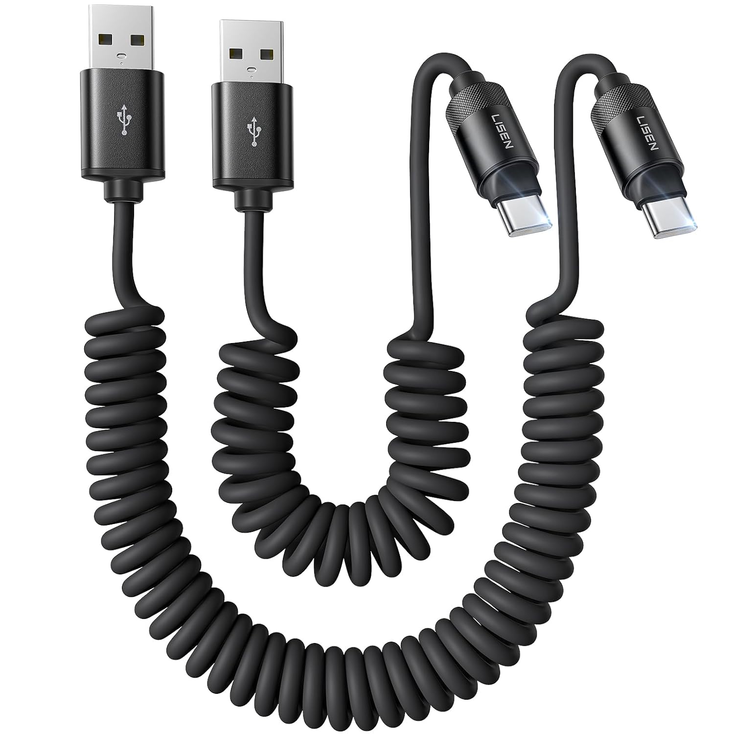 LISEN Coiled USB C Cable, 2 Pack for Android Auto & CarPlay Cable, Short USB A to USB C Cable Compatible with iPhone 17/16/15, Samsung Galaxy S25/S24/S23 A15/A14, Google Pixel 9/8, Space Black 4+6FT