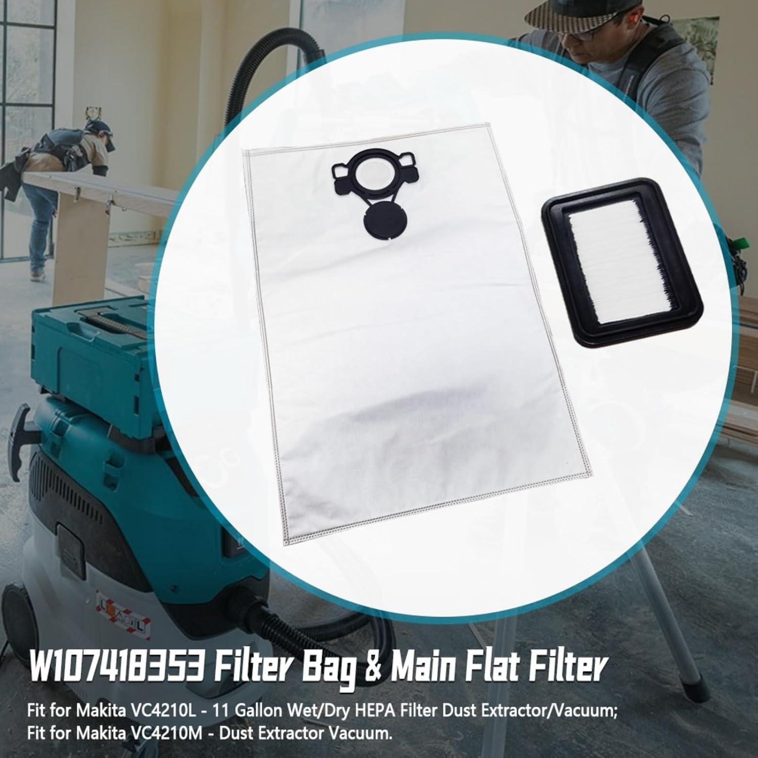 W107418353 Filter Bag & Main Flat Filter W107418351 Compatible with Makita VC4210 VC4210L VC4210M Wet/Dry Dust Extractor Vacuum Dust Collector Bags