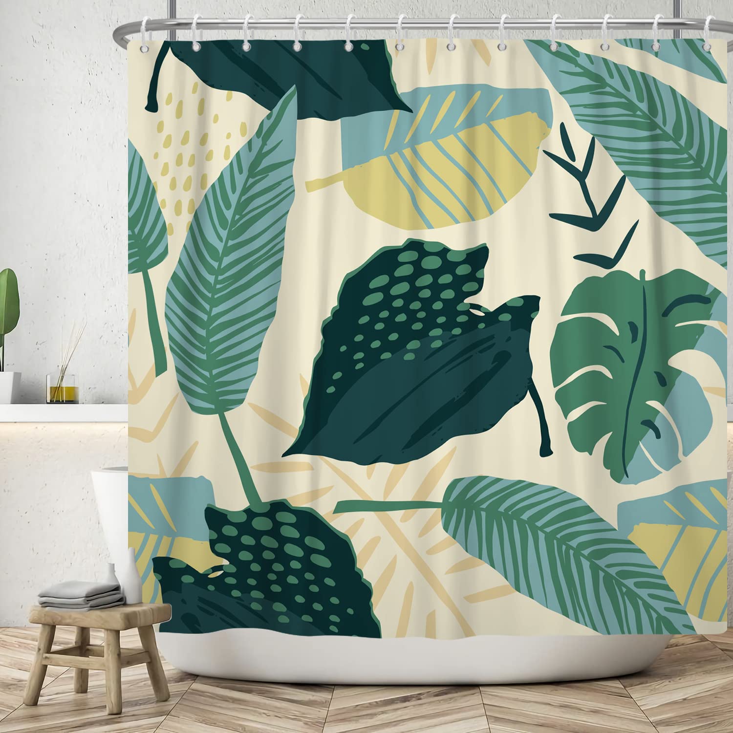 Bovlleetd 72x74inch Abstract Plant Bath Curtain Waterproof Boho Botanical Shower Curtain Mid-Century Tropical Plant Shower Curtains Washable Bathtub Curtain with Hook — image 1