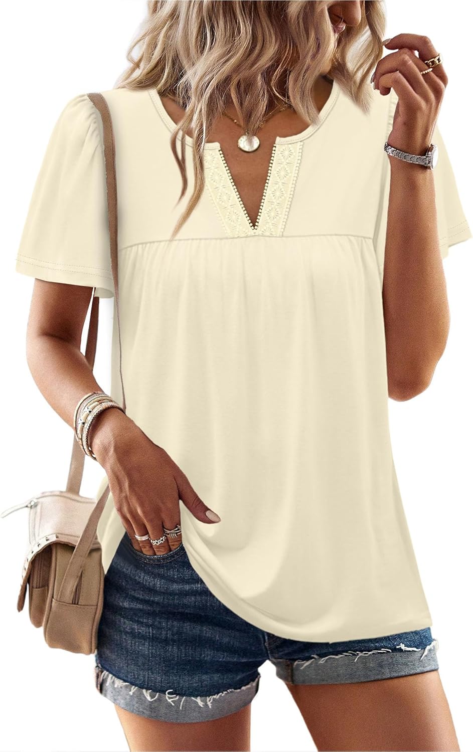 OFEEFAN Womens Summer Tops Boho Short Sleeve Shirts V Neck Fashion Lace Blouses Dressy Casual Flowy Holiday Outfits