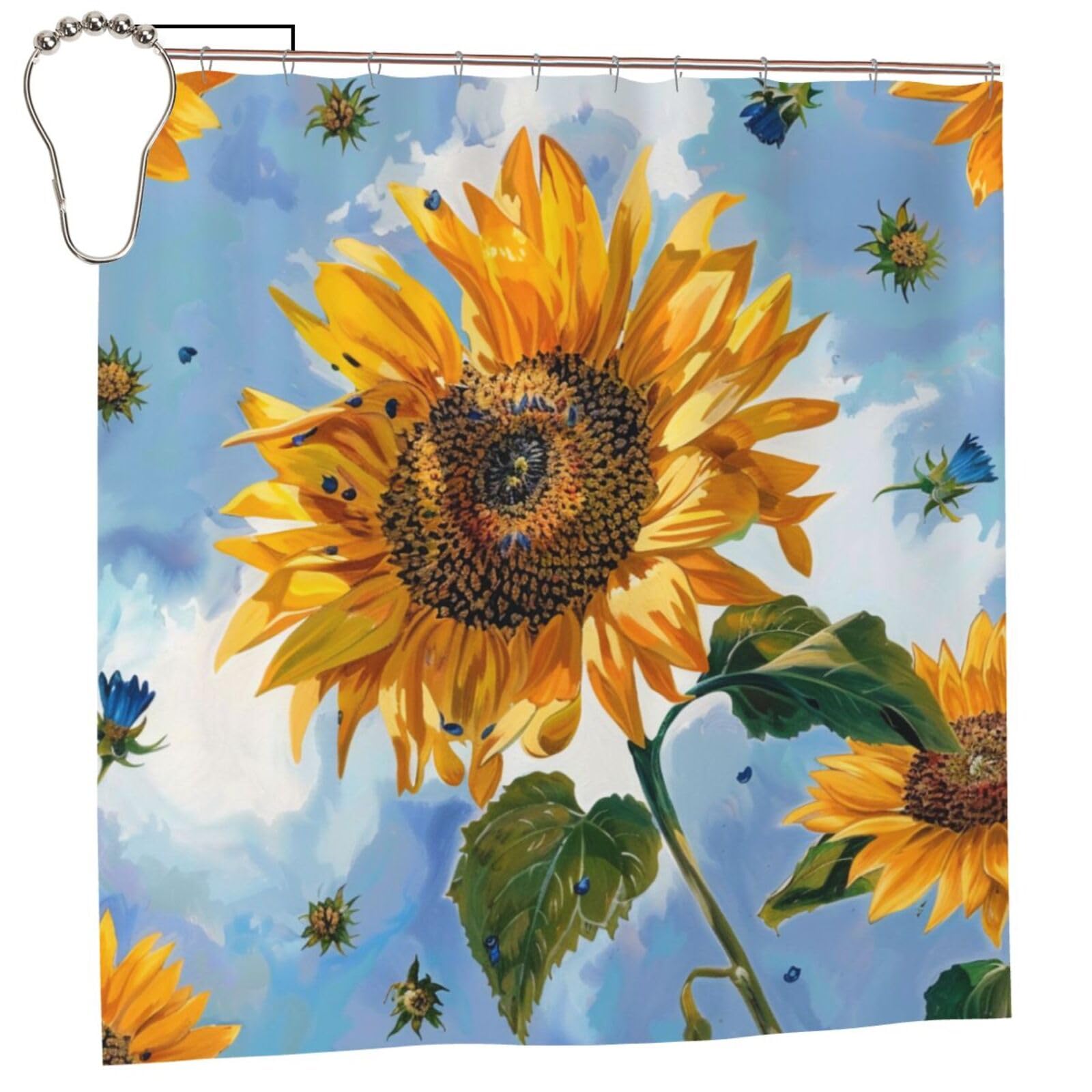 BWWHCCTI Sunflowers Printed Shower Curtain With 12 Iron Hooks Opaque Quick Drying Waterproof Shower Curtains Sets For Bathroom 183x183 CM