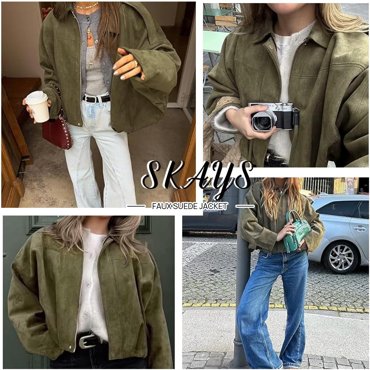 SKAYS Womens Faux Suede Bomber Jacket Lightweight Zip Up Cropped Lapel Pilot Jackets Oversized Casual Motorcycle Coat - Image 5