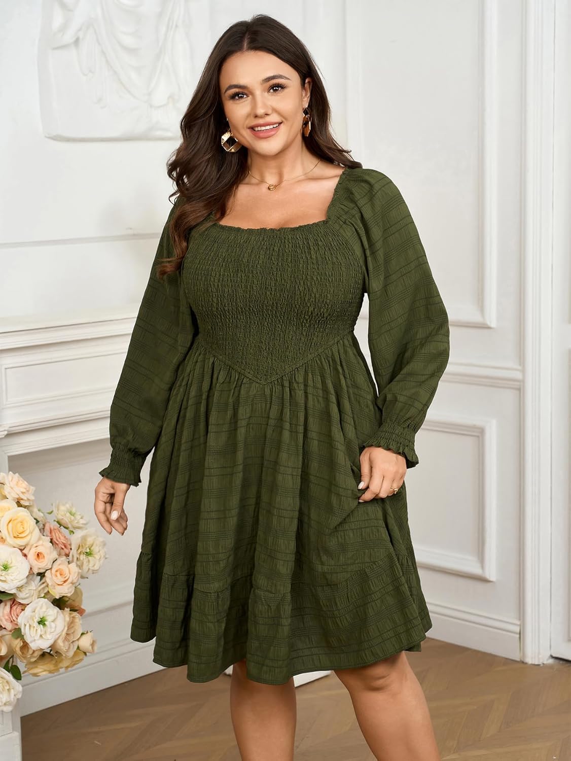 Womens Plus Size Dress Fall Casual Puff Long Sleeve Square Neck Empire Waist Tiered A-line Mini Short Dress - Image 4