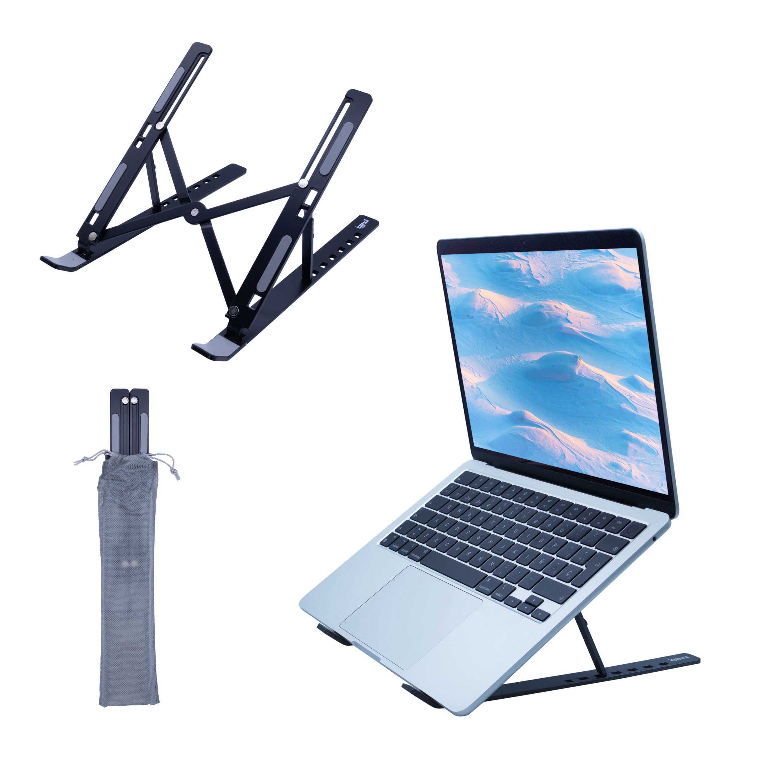 iggual – Soporte para Portátil de Escritorio, Base Plegable de Aluminio Ajustable, Atril Elevador para Portátil hasta 17", Soporte Portátil de Mesa Antideslizante con Funda – Color Negro