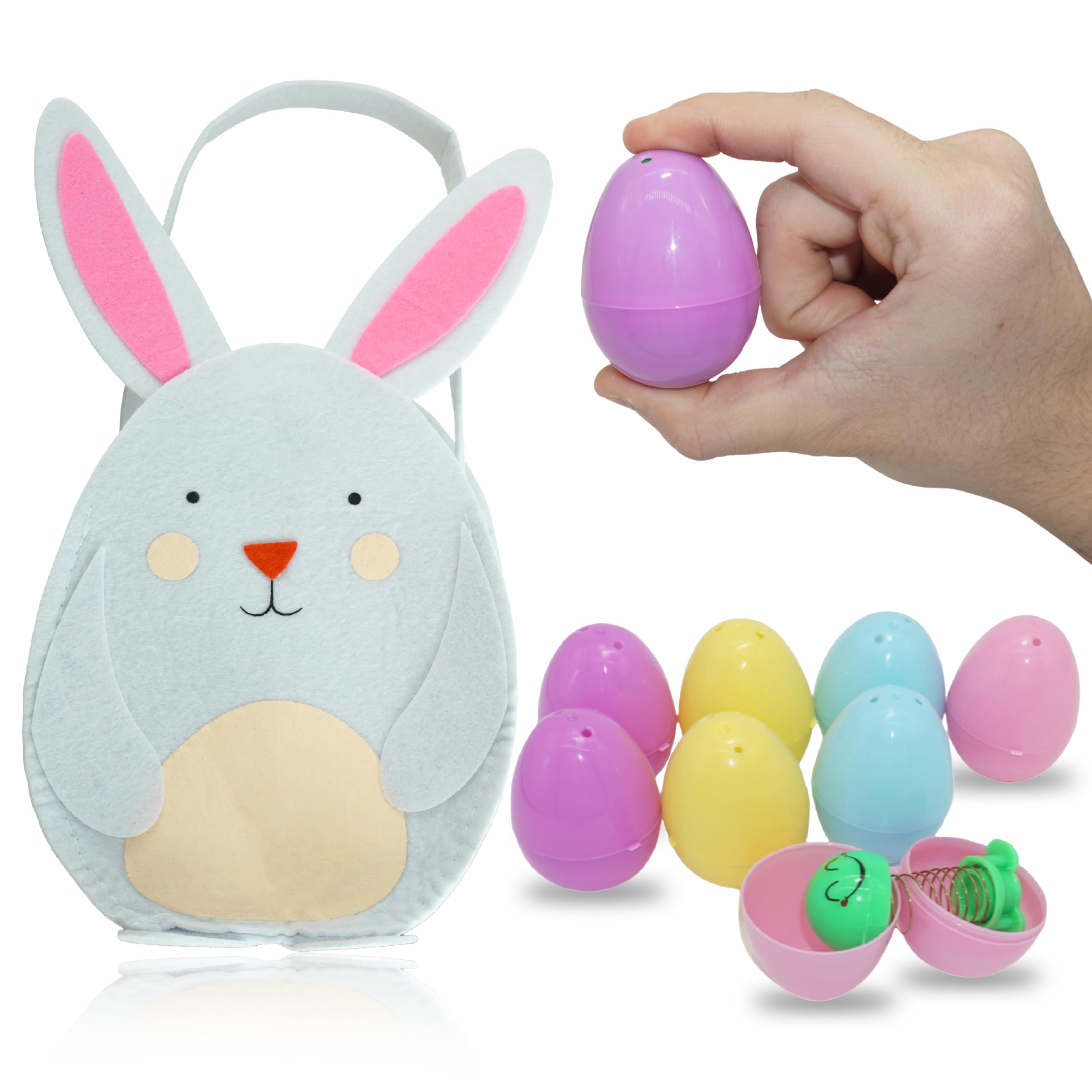 Hovuk 9Pcs- (1X Bunny Bag & 8X Eggs) 9Pcs Easter Basket Stuffers, White Bunny Gift Bag With Handles, Fillable Easter Eggs With Toys Inside, Easter Egg Hunt Supplies For Kids - Easter Goodie Bag