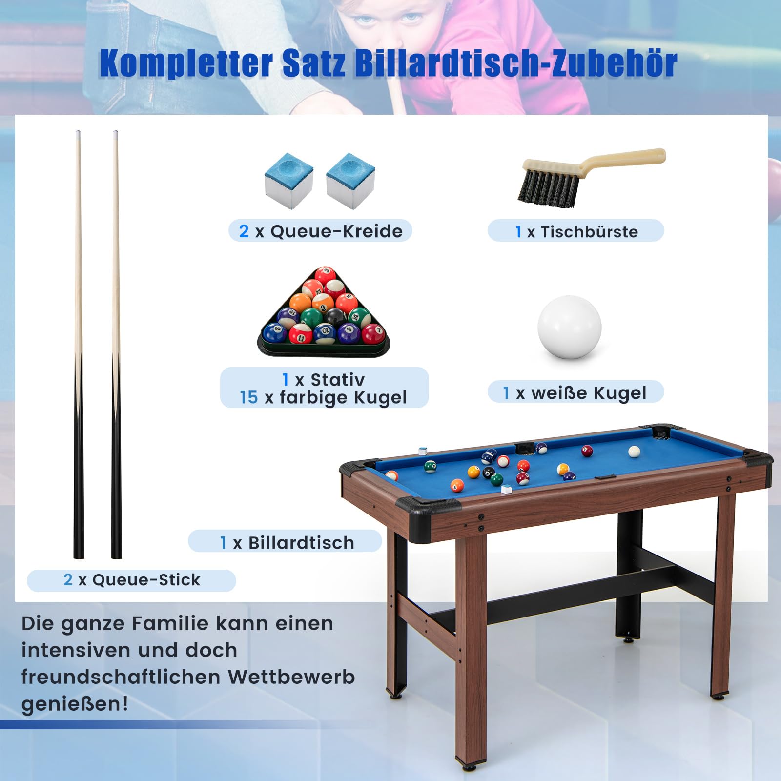 COSTWAY Billardtisch, Billlard Tisch aus Holz mit Zubehör, Pooltisch mit 2 Queues, 2 Kreiden & Dreieck & Bürste, Tischbillard Billard-Spiel für Kinder & Erwachsene, 122 x 61 x 76cm