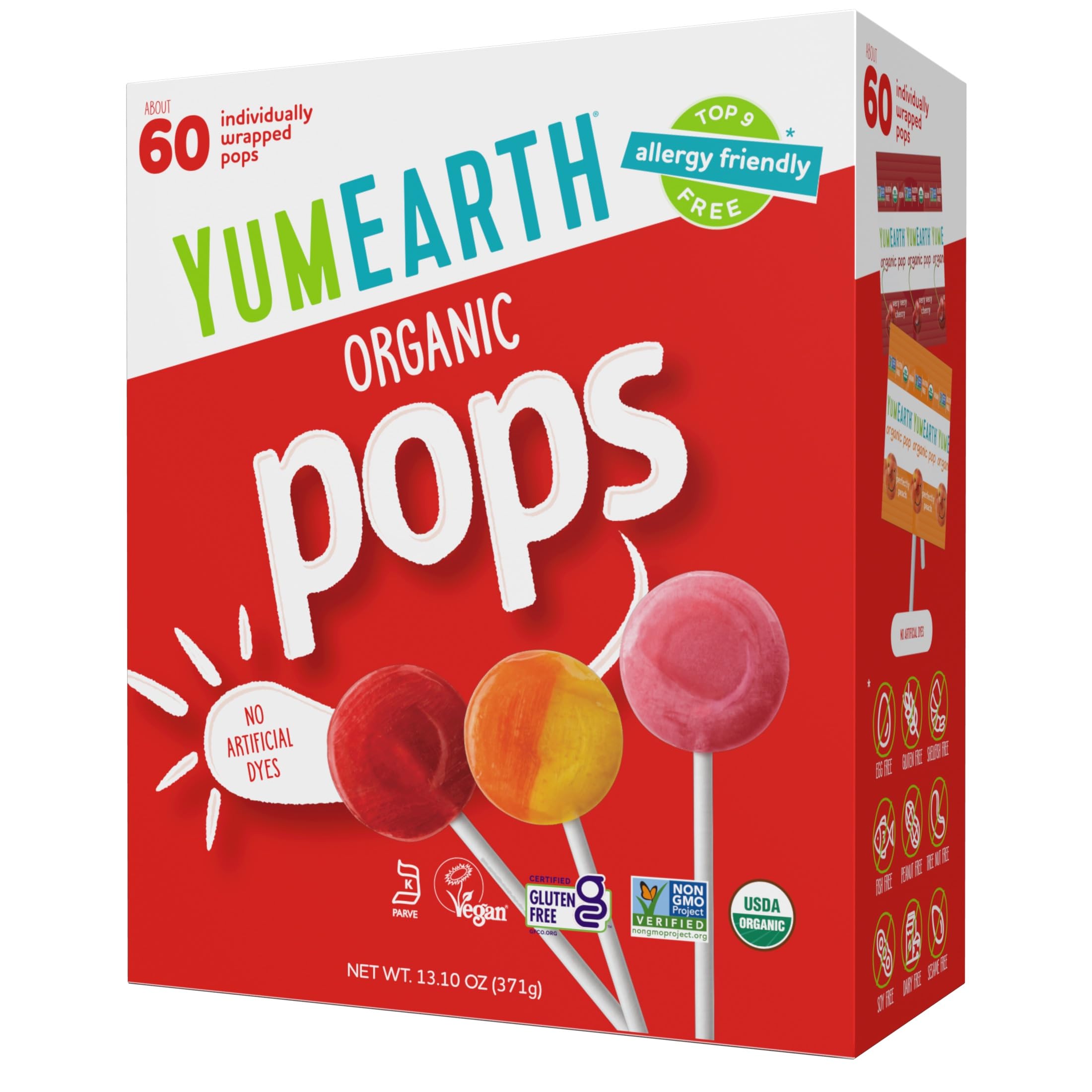 Organic Pops Variety Pack, 60 Fruit Flavored Favorites Lollipops, Allergy Friendly, Gluten Free, Non-GMO, Vegan, No Artificial Dyes