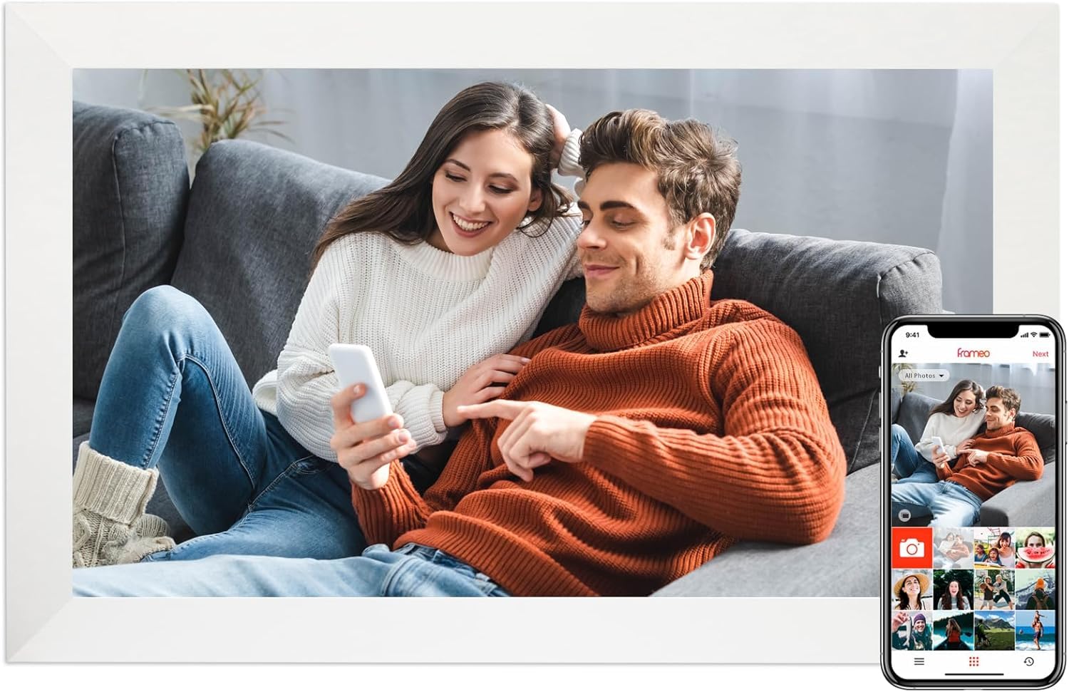 Frameo - Marco de fotos digital de 15,6 pulgadas con wifi, con pantalla táctil IPS HD de 1920 x 1080, 32 GB de memoria para compartir fotos/vídeos, dispositivo de mesa y pared, boda, cumpleaños