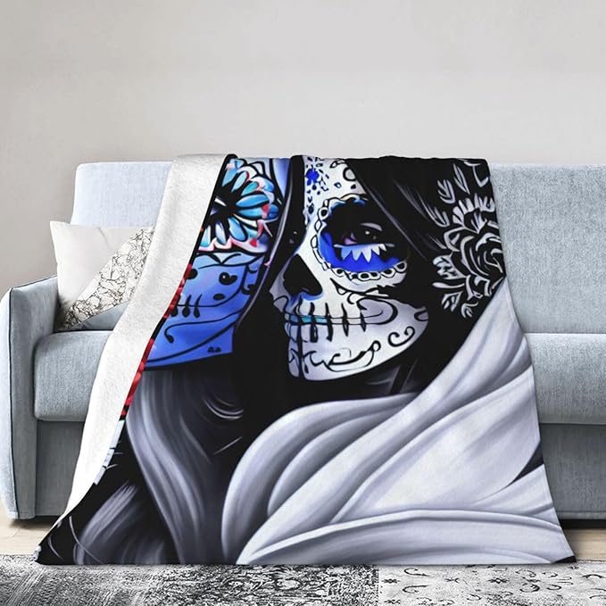 Mexican Sugar Skull Floral Women Day of The Dead Art Reversible Flannel Throw Blanket- Ultra Soft Lightweight for Bed, Sofa, Travel & Camping 50