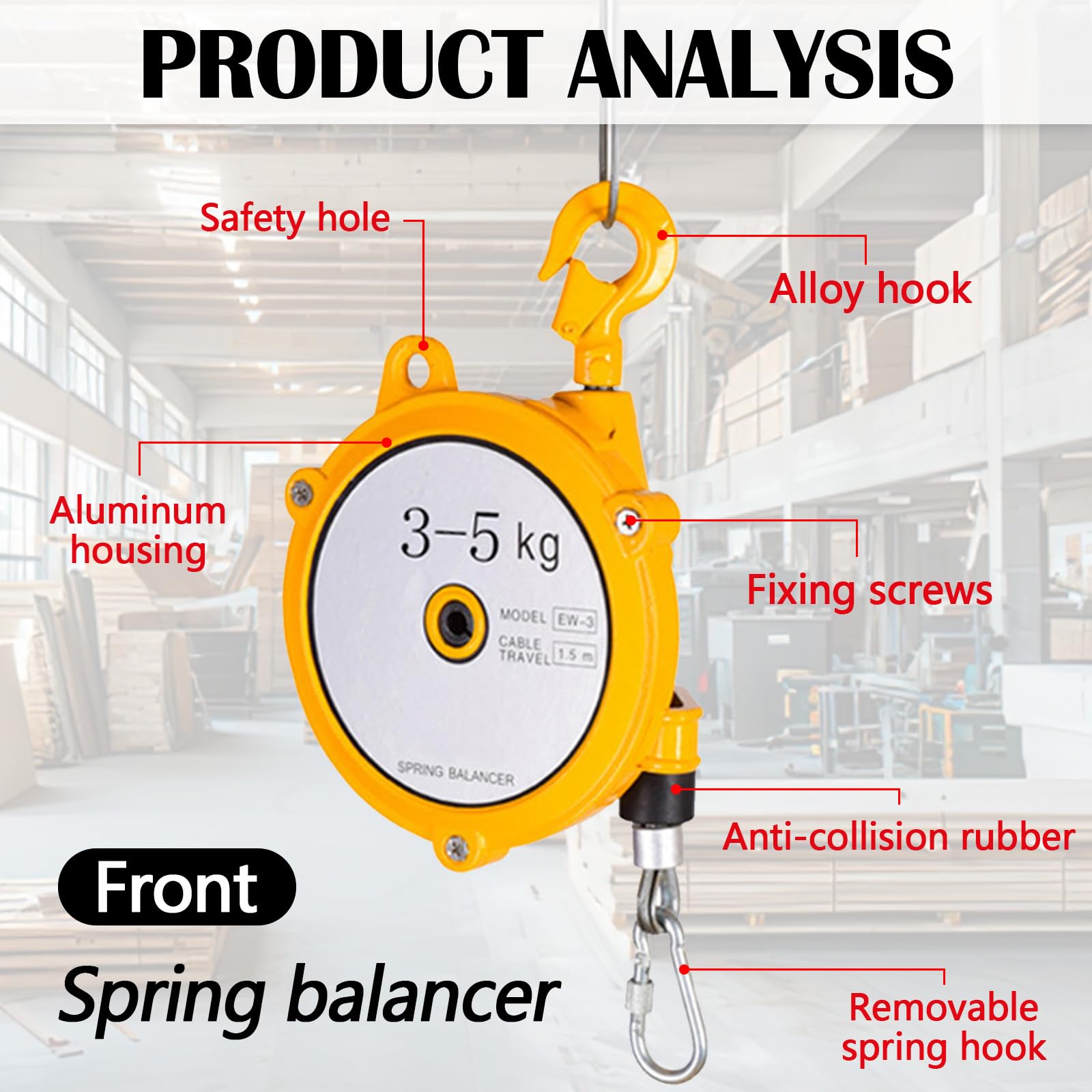 Equilibrador de Resorte Retráctil de 3-5kg, Equilibrador de Resorte de 1,5m de Altura de Elevación con Alambre de Acero Grueso y Gancho de Equilibrador de Resorte de Metal Dispositivos