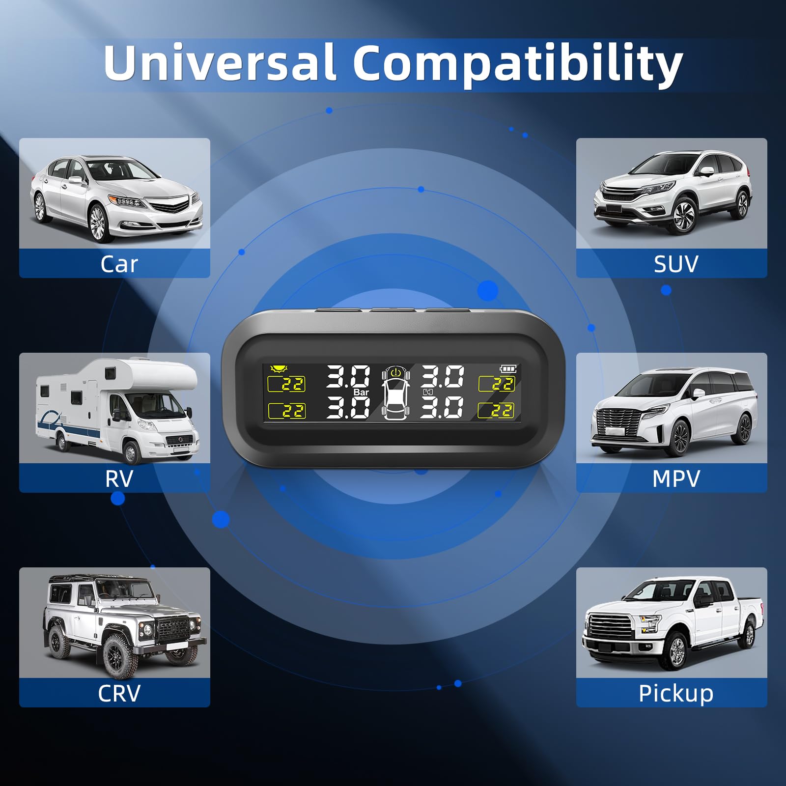KAOLALI TPMS - Sistema de Control de Presión de Neumáticos 0-50 PSI, Fijación al Parabrisas, Carga Solar, Sistema de Control de Presión de Neumáticos con 4 Sensores Externos