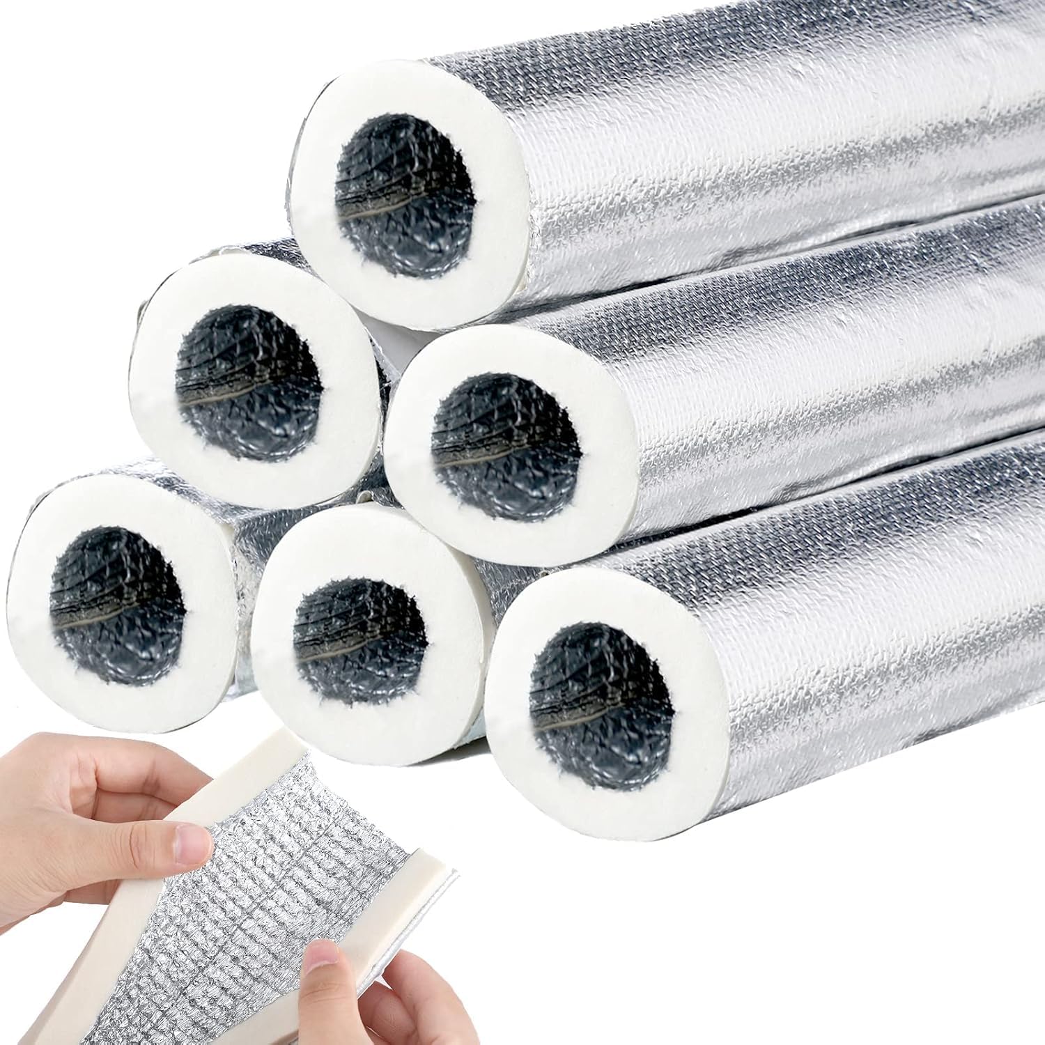 Pipe Insulation Wrap Foam, Tube Self Adhesive Insulation Wrap Freezing Aluminum Foil Pipe Foam Protection for Outdoor Solar Air Conditioning Hot Water Pipe Thick 15mm Diameter 27mm Length 95cm 6 Pcs