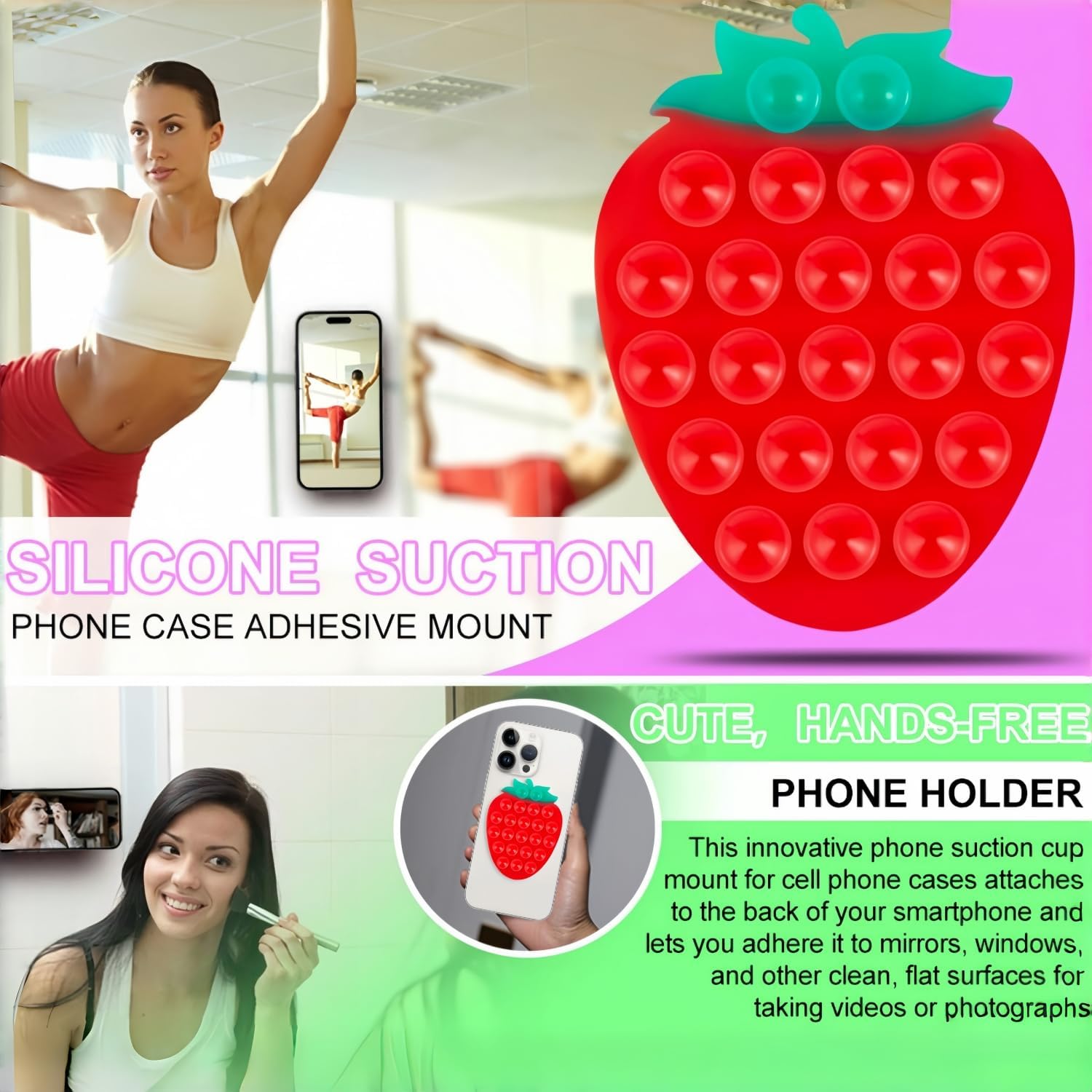 CIEO Suction Phone Grip, Strong Silicone Suction, Strawberry Sticky Grip, Fruit Shaped, Suitable for Selfies and Videos on Mirrors, Bathrooms and Smooth Surfaces, Compatible with iPhone, Samsung (Red)