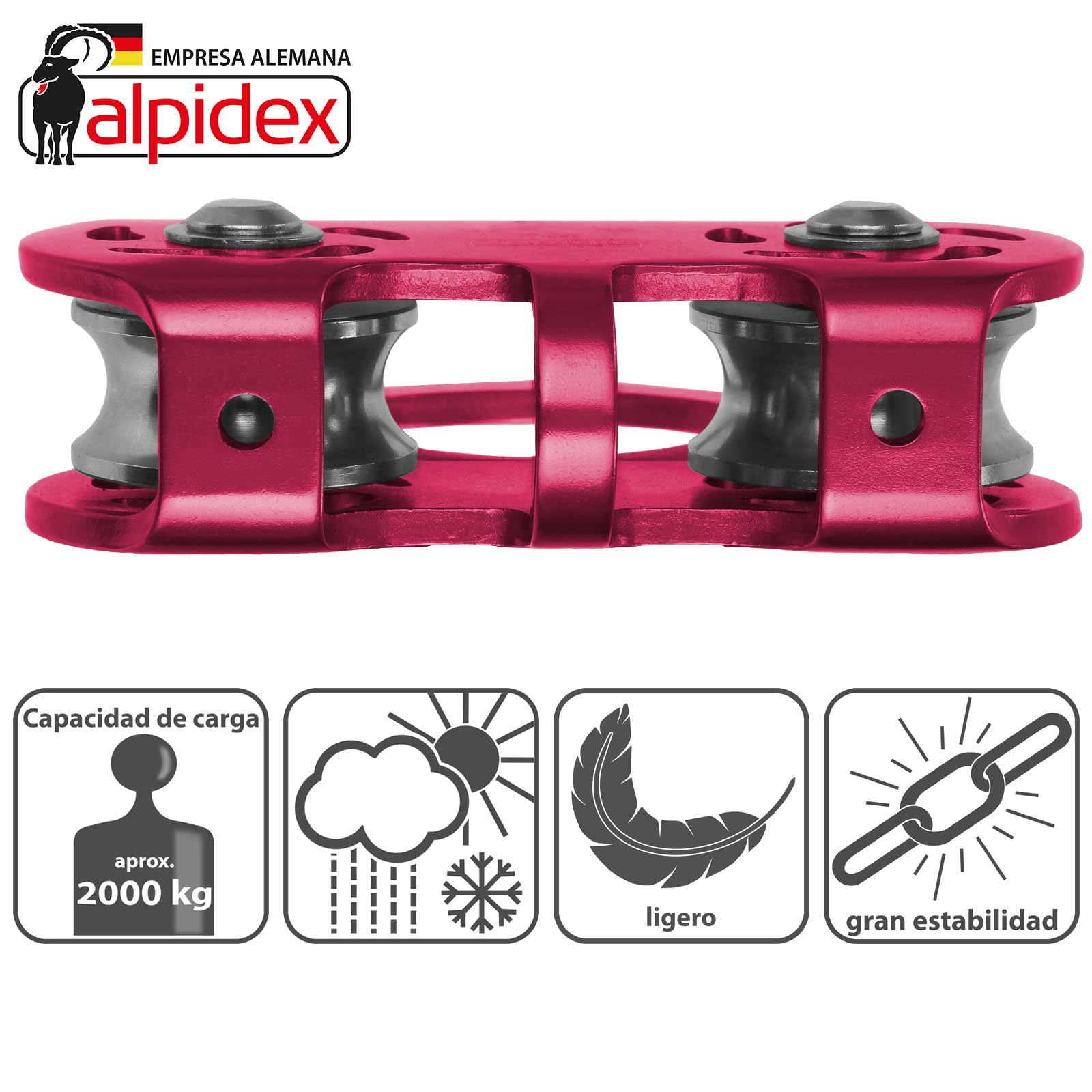 ALPIDEX polea de reenvío 20 kN Tandem Pulley para cuerdas textiles 13 mm cables 12 mm EN12278