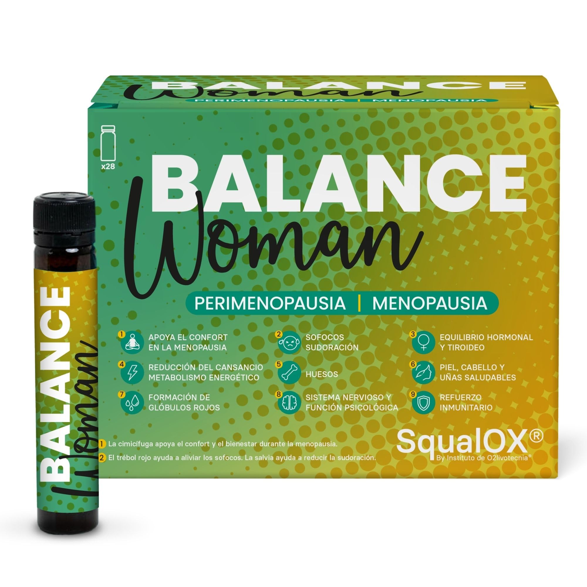 Balance Woman SqualOX® – Complemento Alimenticio para Menopausia y Perimenopausia | Equilibrio Hormonal y Bienestar Femenino | Ashwagandha, Trébol Rojo, Magnesio, Calcio y Vitaminas | 28 dosis