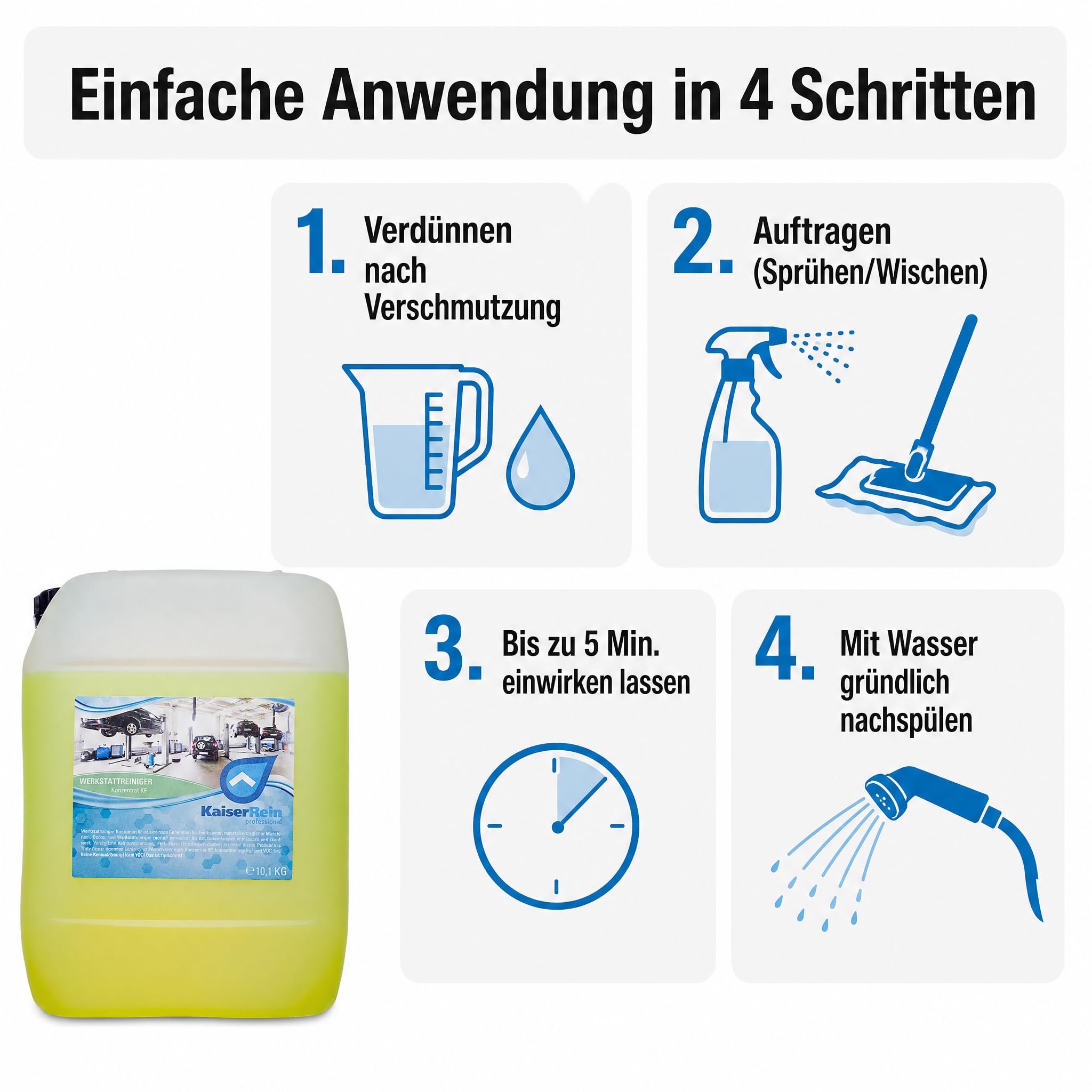 KaiserRein Werkstattreiniger Konzentrat 10 l, Industriereiniger für Boden, Maschinen und Fahrzeuge, universal einsetzbarer Maschinenreiniger/Kaltreiniger, kennzeichnungsfrei & VOC-frei Made in Germany