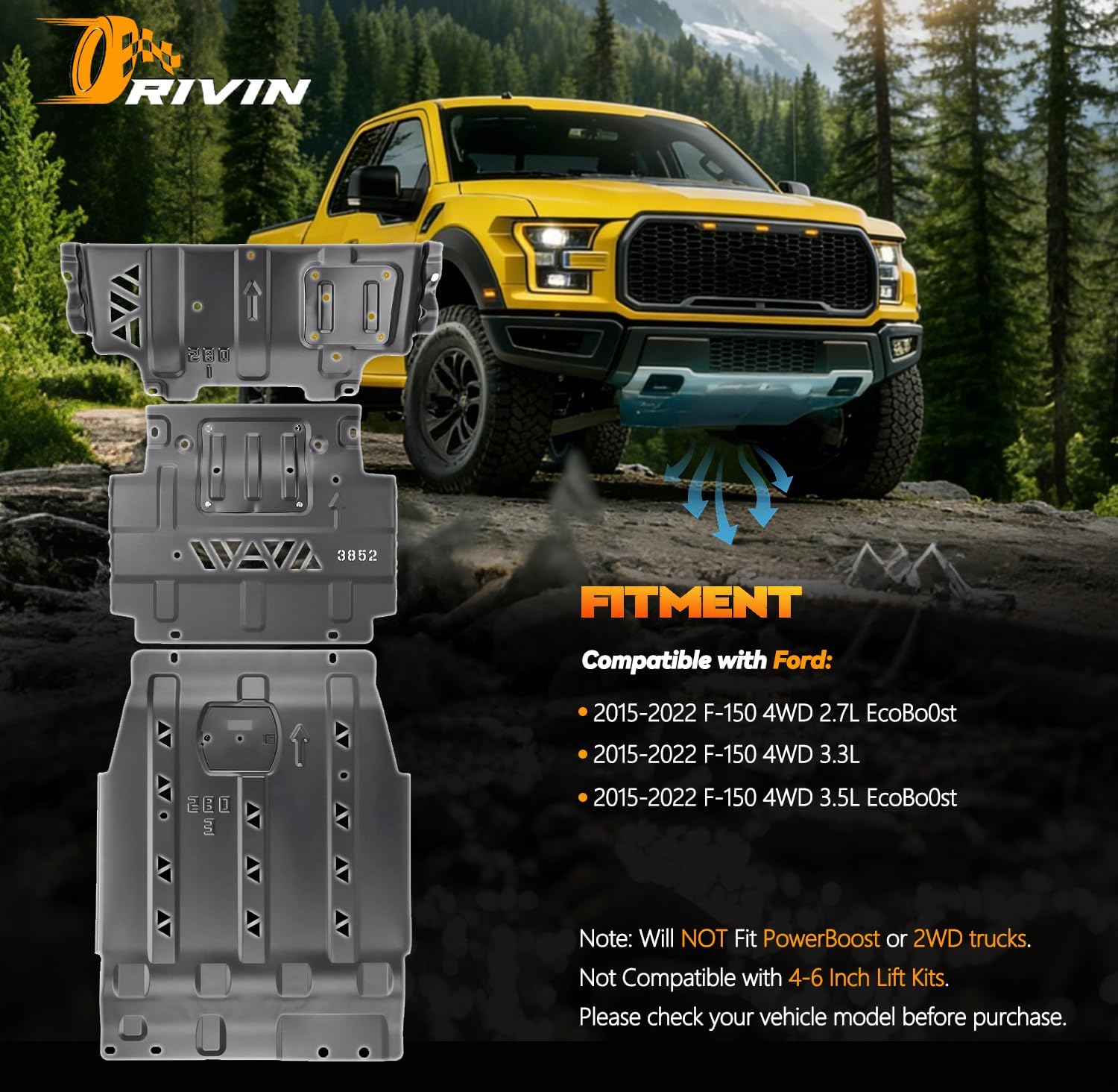 Full Skid Plate Kit for 2015-2022 Ford F150,Underbody with Transmission Engine Front, Drivetrain Center & Rear Axle Steel Splash Guard Shield Kit