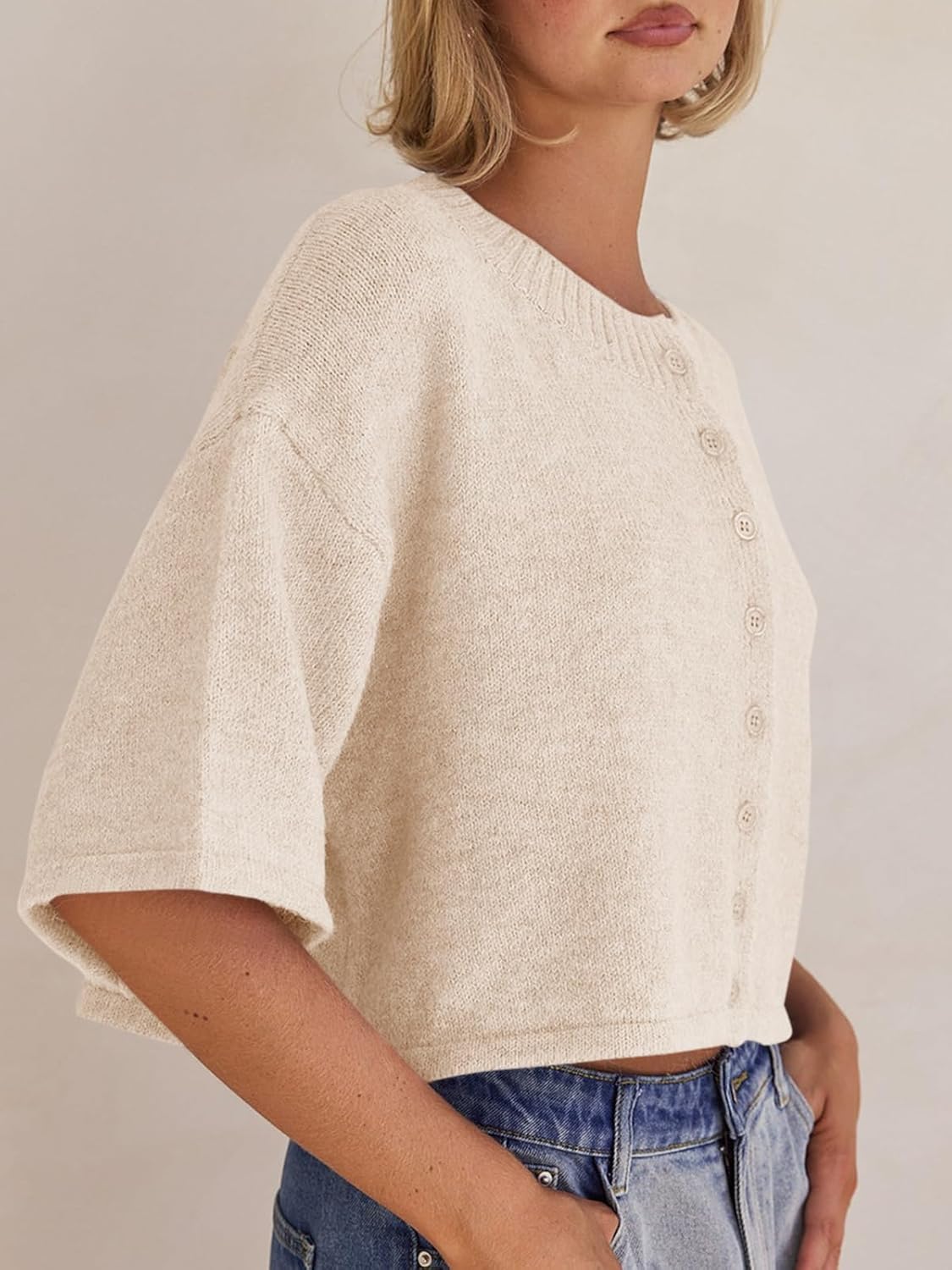 Saodimallsu Womens 3/4 Sleeve Cardigan Sweater Button Down Cropped Crewneck Cardigan 2025 Fall Casual Knit Tops - Image 4