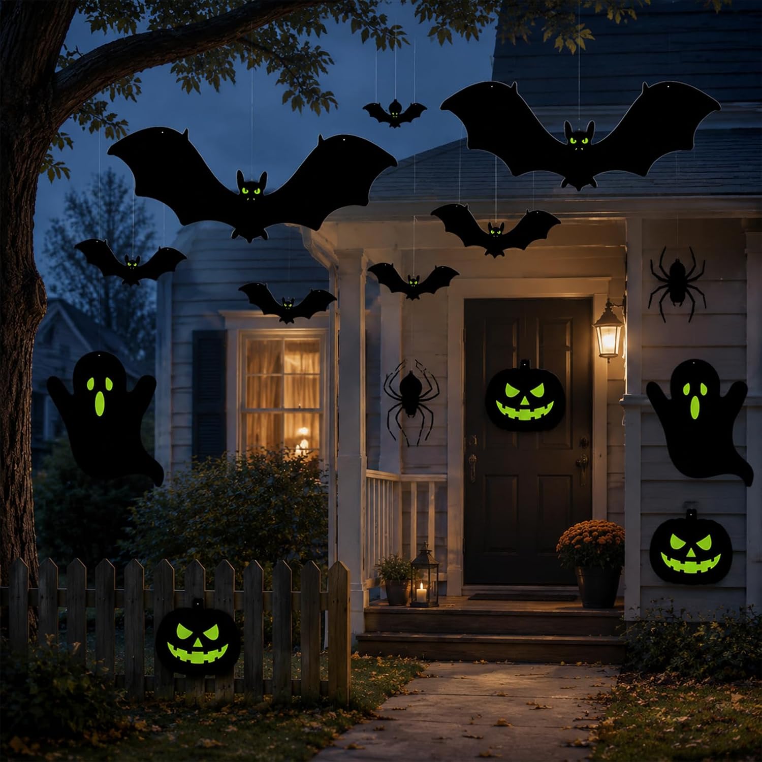 Dvobez 16 PCS Halloween Decorations Set, Black Bats with Glowing Eyes, Spiders, Ghosts and Pumpkins, Indoor Outdoor Halloween Decor for Yard, Wall, Window, Party