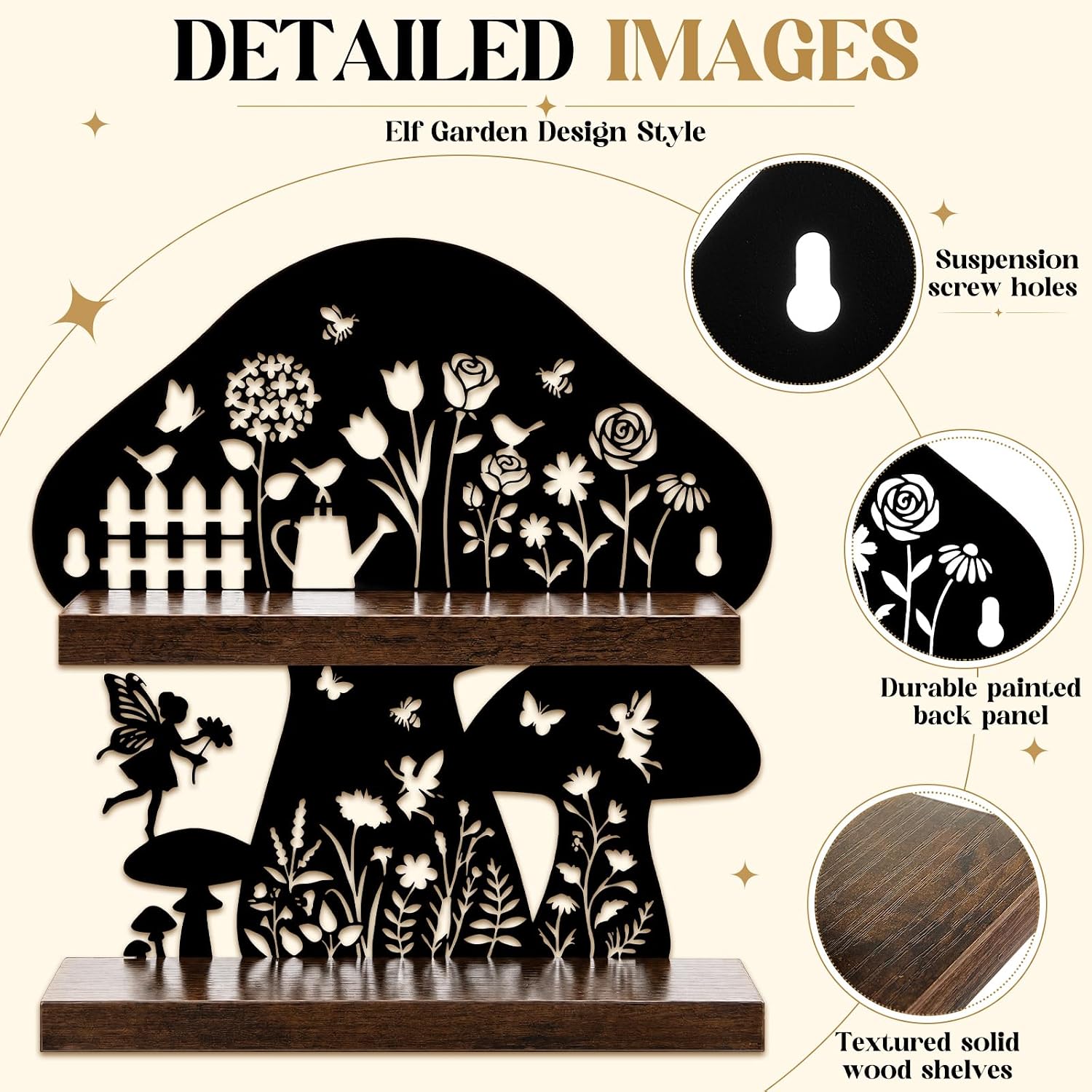 Moxweyeni Mushroom Wall Shelf – Rustic Wood Shelves with Metal Back Panel, Decor for Crystals, Essential Oils & Small Trinkets, Fairy Garden & Cottagecore Mushroom Wall Art Gift