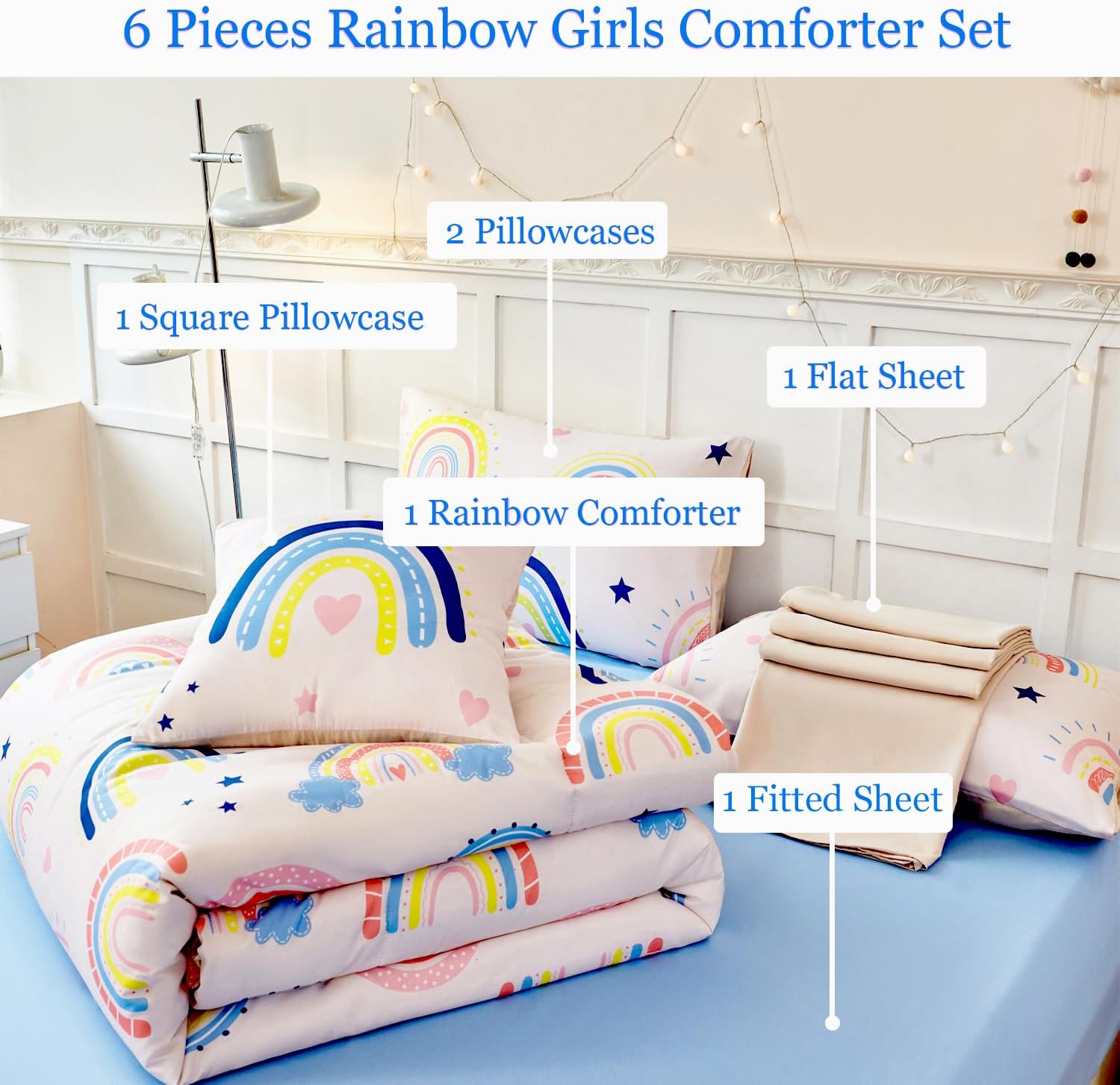 ANGIYUIN 6Pcs Beige Rainbow Queen Comforter Set - Cartoon Love Hearts and Stars Girl Bedding Set for Kids - Cute Soft Kid Bed in A Bag with Comforter, Sheets, Pillowcases