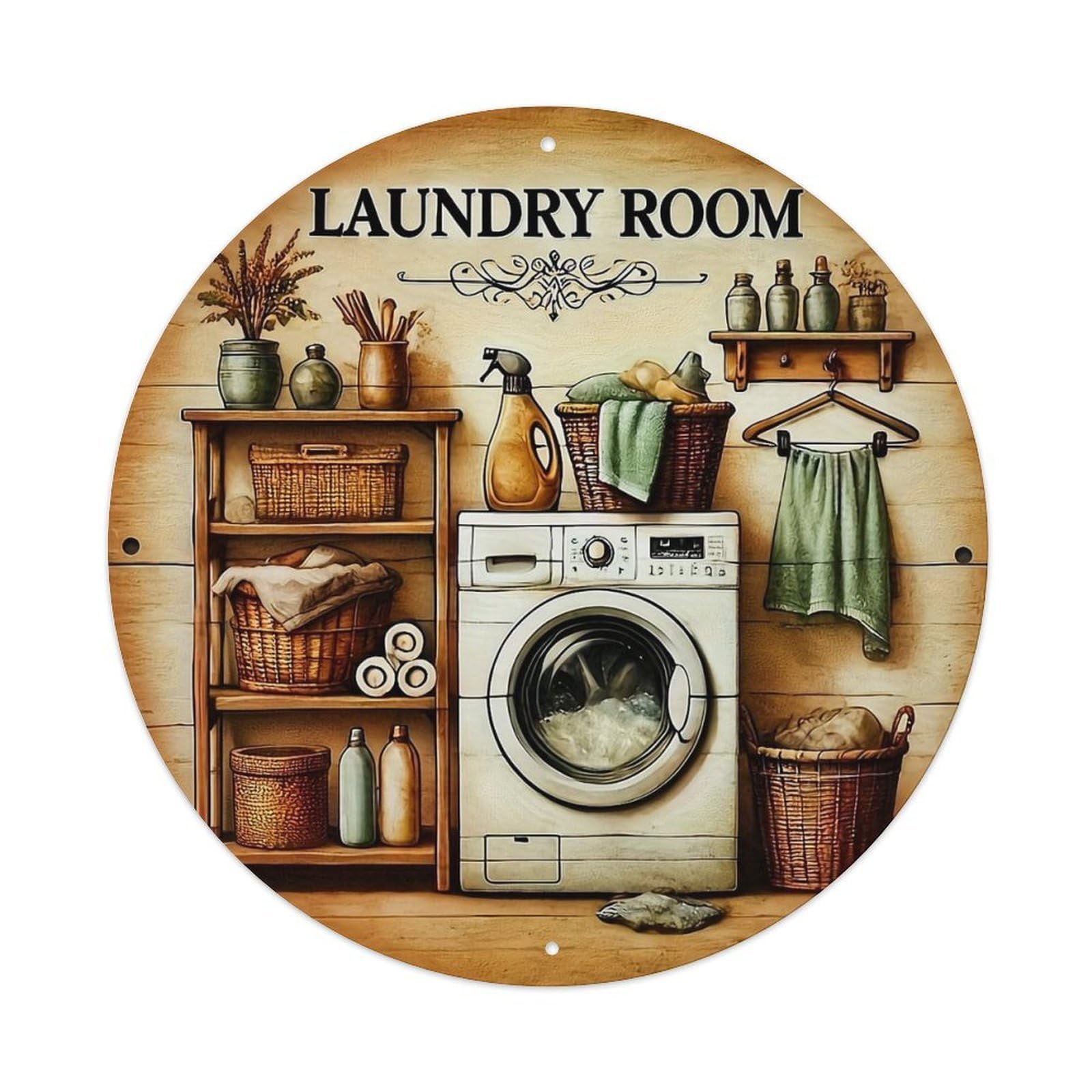 Laundry Room Scene With Vintage Elements Round Tin Sign Vintage Metal Sign Home Bar Garden Indoor & Outdoor Wall Decor Retro Metal Poster 8x8 Inch