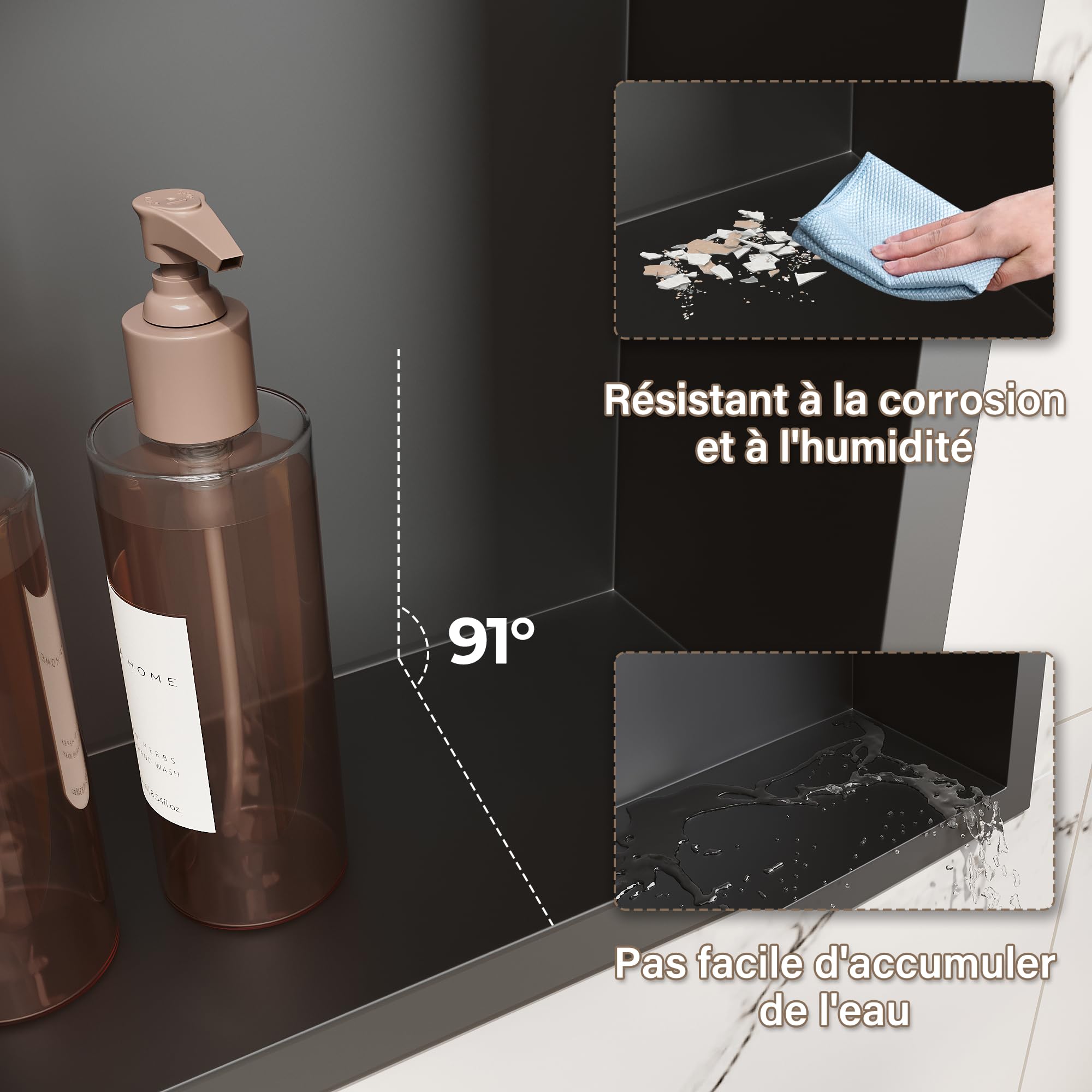 SIRHONA Nicchia da bagno, cuccia da doccia a incasso in acciaio inox, elementi di stoccaggio per la doccia in bagno, 90 x 30 cm, colore: Nero