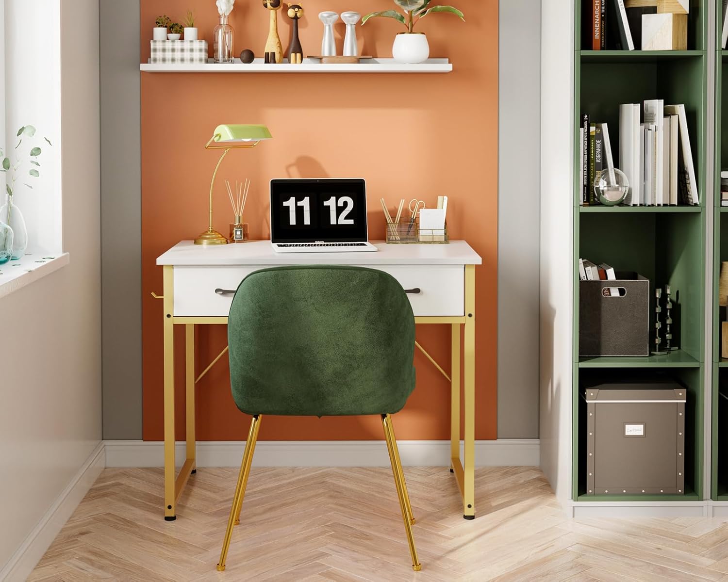 ODK Makeup Vanity Desk with 2 Fabirc Drawers, 32 Inch Small White Dressing Vanity Table with Versatile Hook for Bedroom Without Mirror, Desk Make Up for Girls, White and Gold