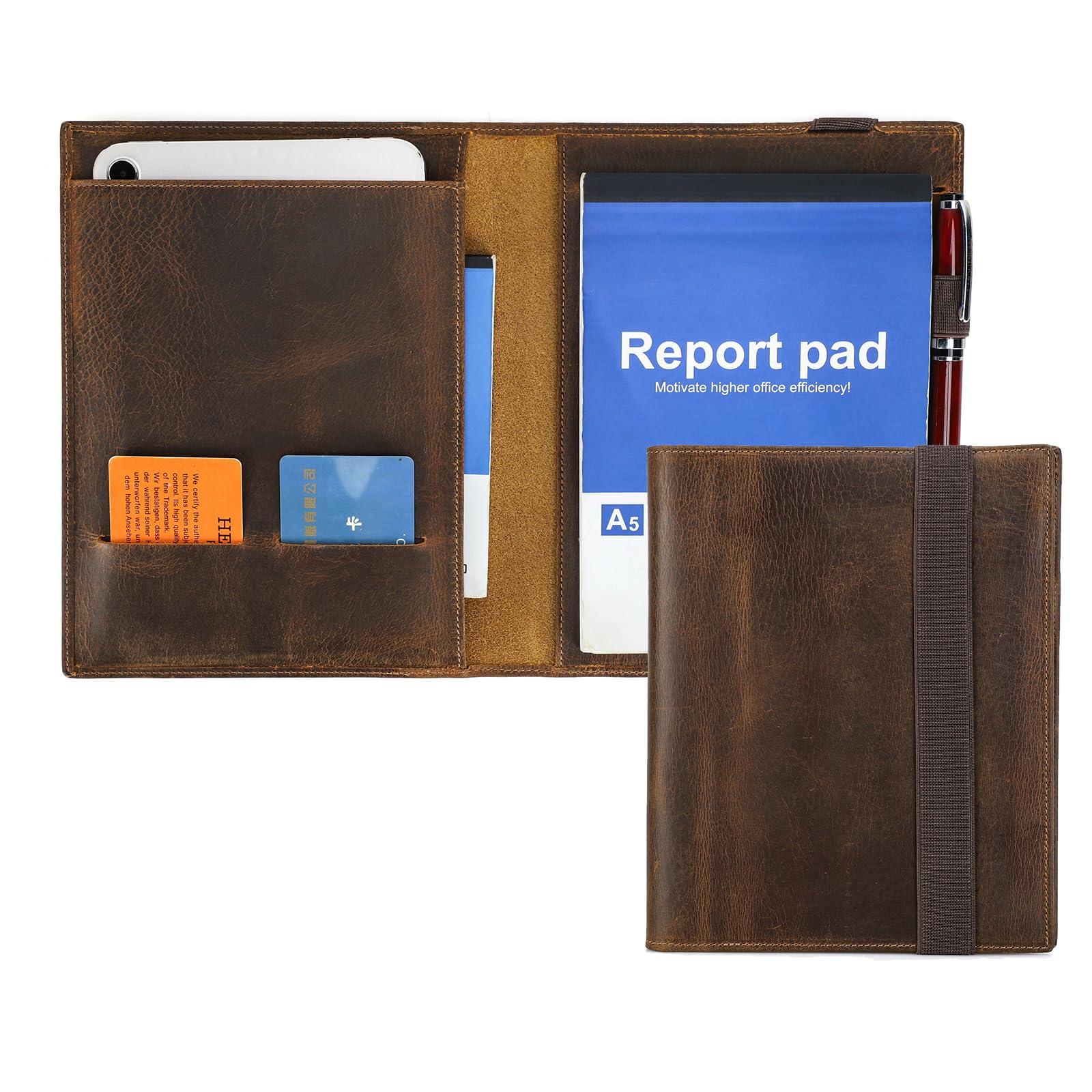 Kontakte Leder Business-Portfolio für Männer und Frauen elastisches Band Notizblock Ärmel kompatibel mit Karte, Bleistift, Pad mini, A5/B5 Dokumente (A5-fit ipad Mini 7,9 Zoll/8,3 Zoll)