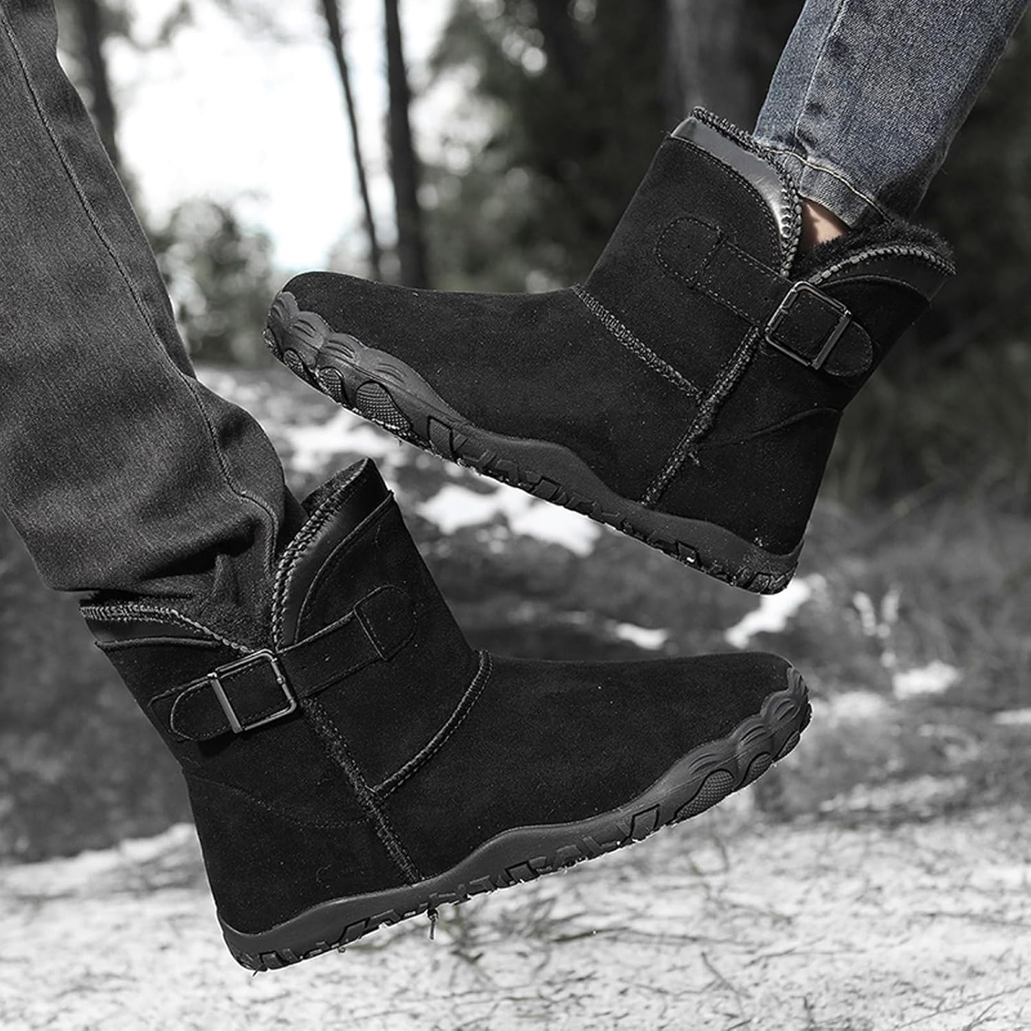 CERYTHRINA Unisex Barefoot Snow Boots: Suede Genuine Leather - Warm Cozy Anti-Slip Mid Calf Faux Fur Lining Winter Shoes for Women Men