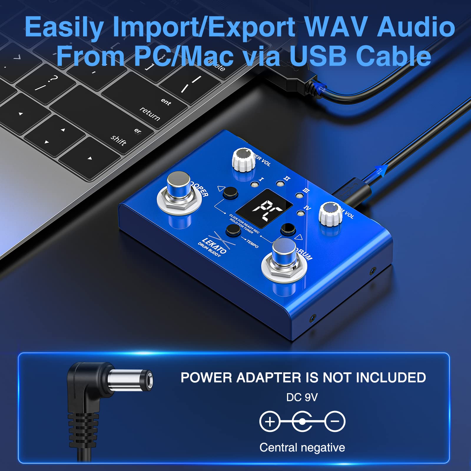 LEKATO Drum Looper Pedal con Tuner, 4 Loops 11 Minutes Loop Pedal con Drum Machine 30 Drums con App per personalizzare modificare e salvare il groove di batteria per chitarra elettrica e basso