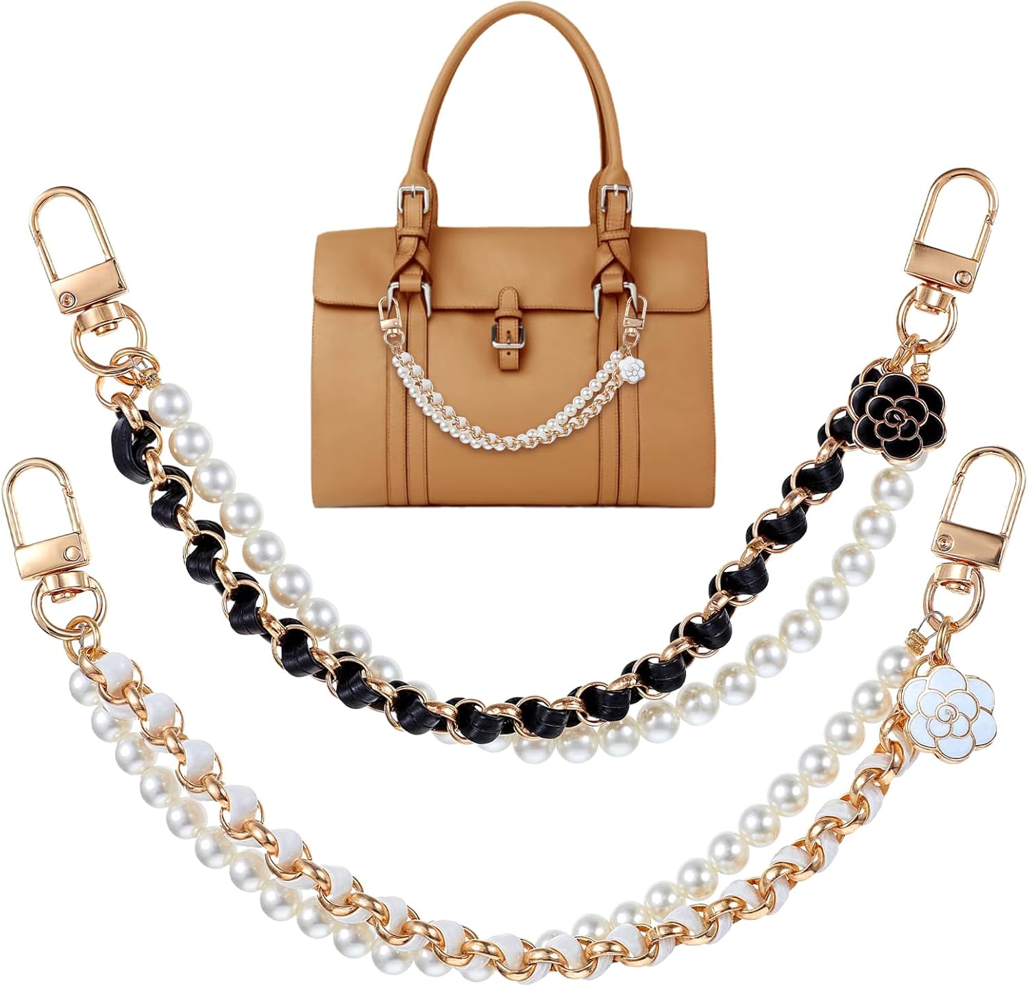 2Pcs Pearl Purse Chains Extender 10 Inch Black Handbag Straps Crossbody Bag with Cute Flower Purses Strap Replacement Purse Accessories Bag Charms for Women