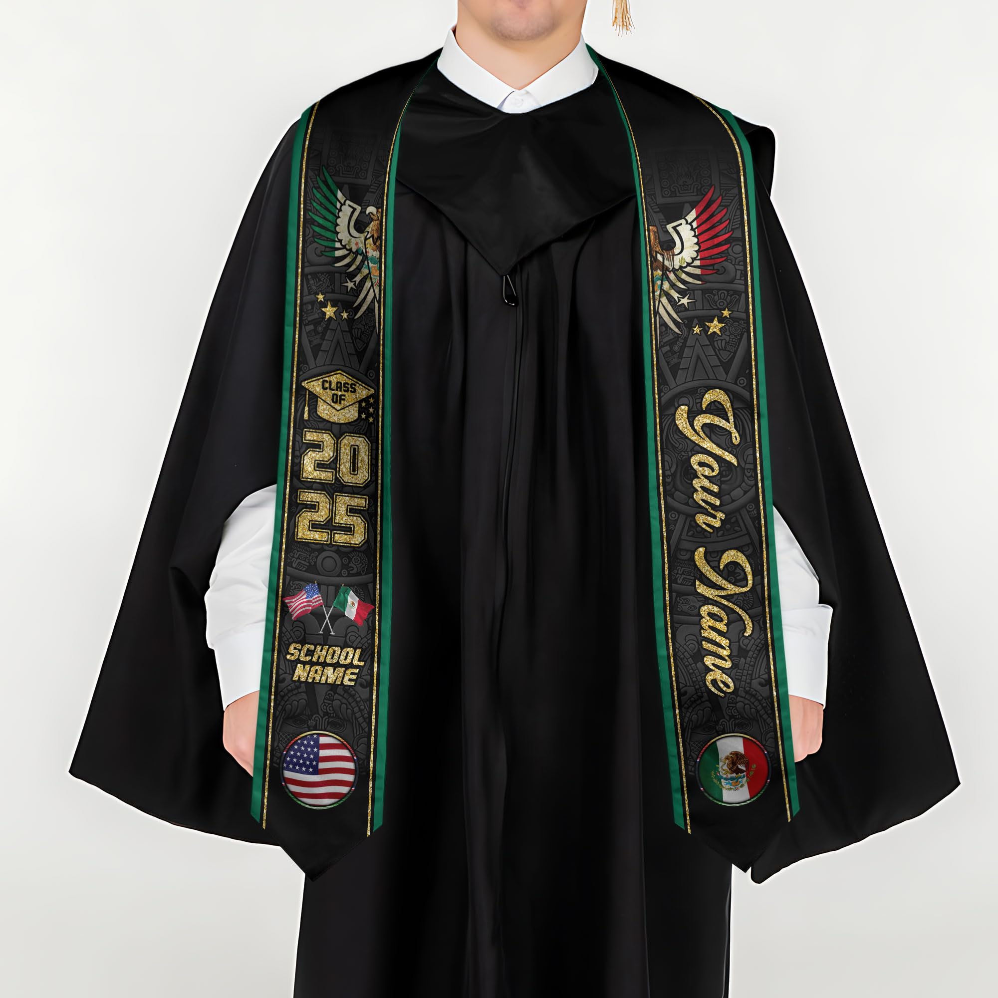 MonkeyVan Custom Mexican Graduation Sash Mexico Graduation Stole 2025 Mexican American Flag Graduation Sash Mexican Graduation M45
