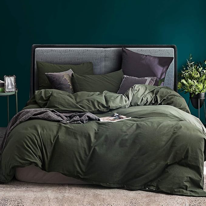 ECOCOTT 3 Pieces Duvet Cover King 100% Washed Cotton 1 Duvet Cover with Zipper and 2 Pillowcases, Ultra Soft and Easy Care Breathable Cozy Simple Style Bedding Set (Avocado Green)