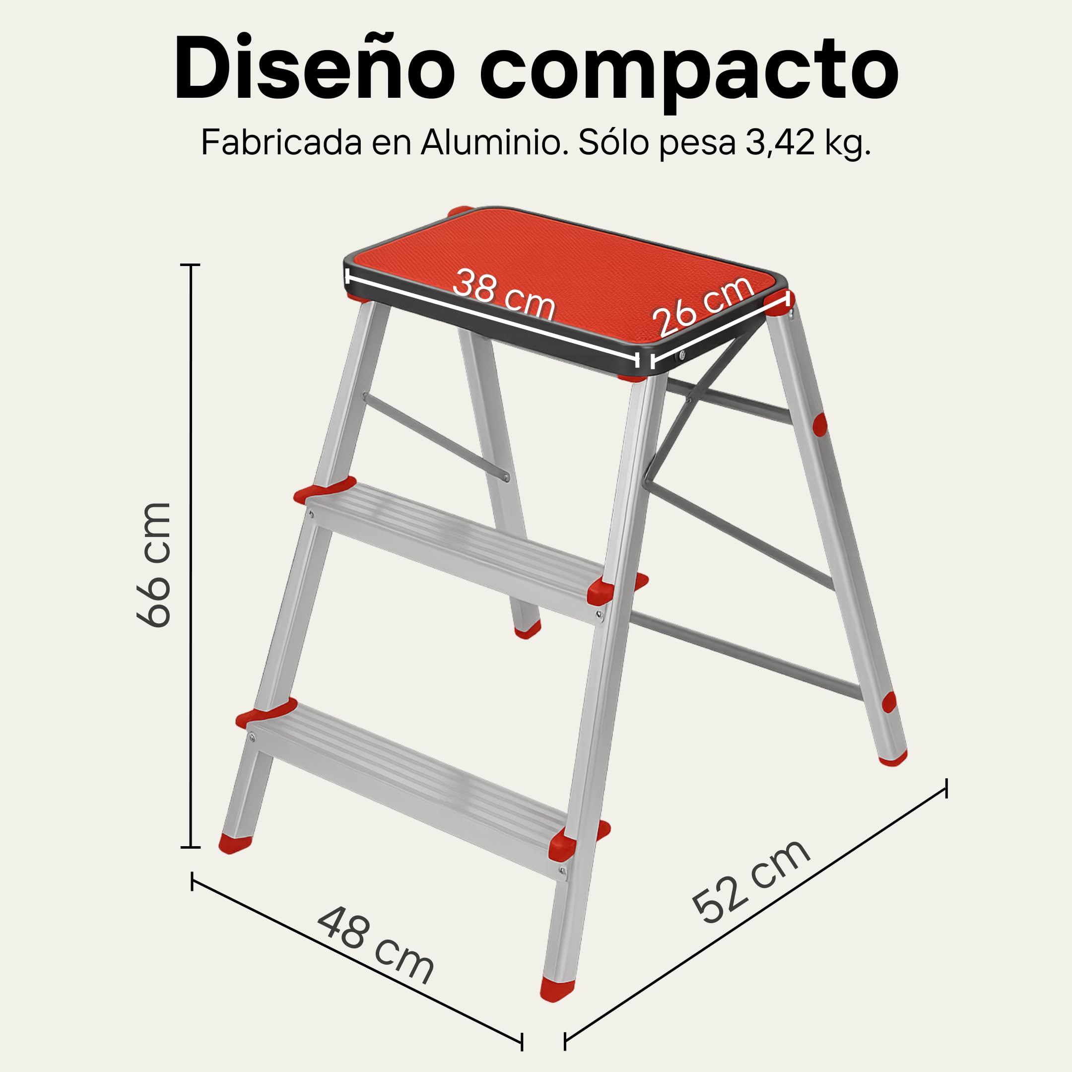 Escalera Taburete Plegable 3 Peldaños de Aluminio Ligero y Resistente - Antideslizante y Portátil de Fácil Almacenamiento para Uso Doméstico y en Almacenes - Fabricado en Europa | HR Hogar